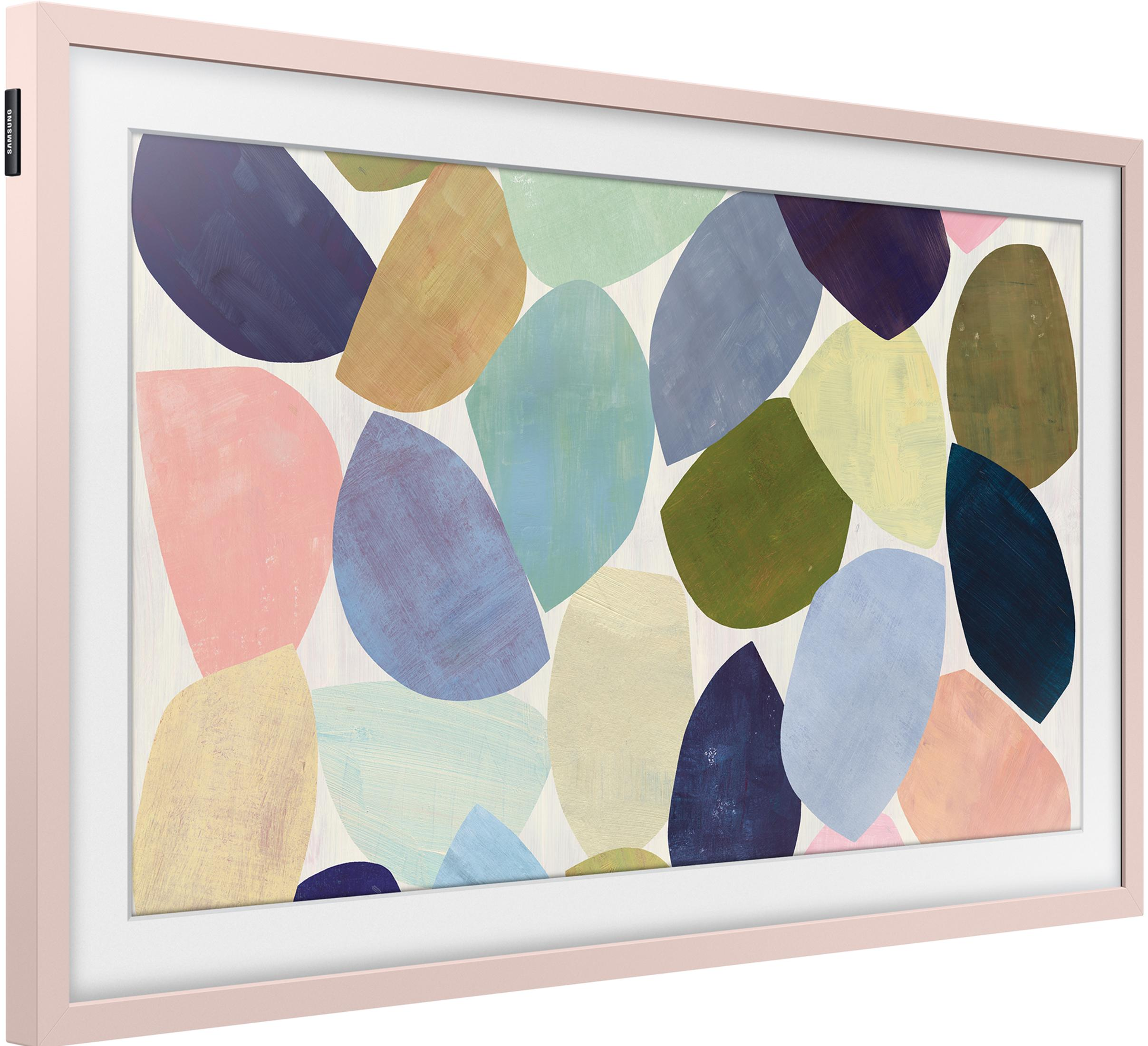 Een roze omlijst schilderij met abstracte, overlappende vormen in blauw, groen, geel en roze tinten.