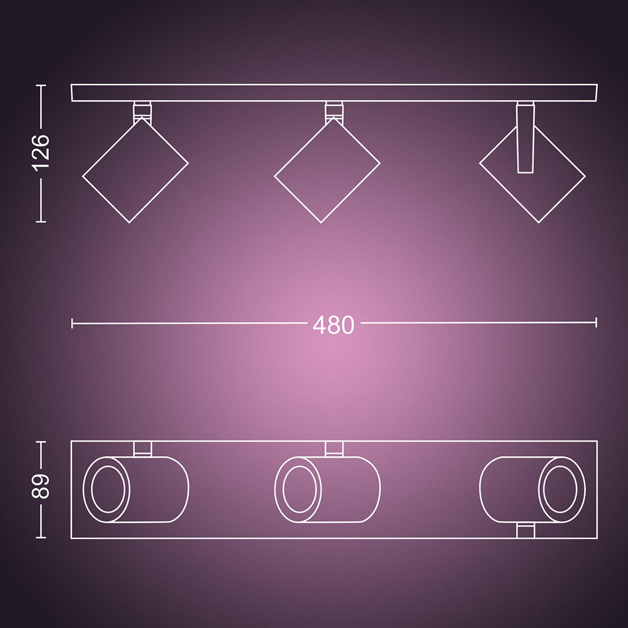 Disegno tecnico di un faretto da soffitto a tre lampade. Le dimensioni sono indicate.