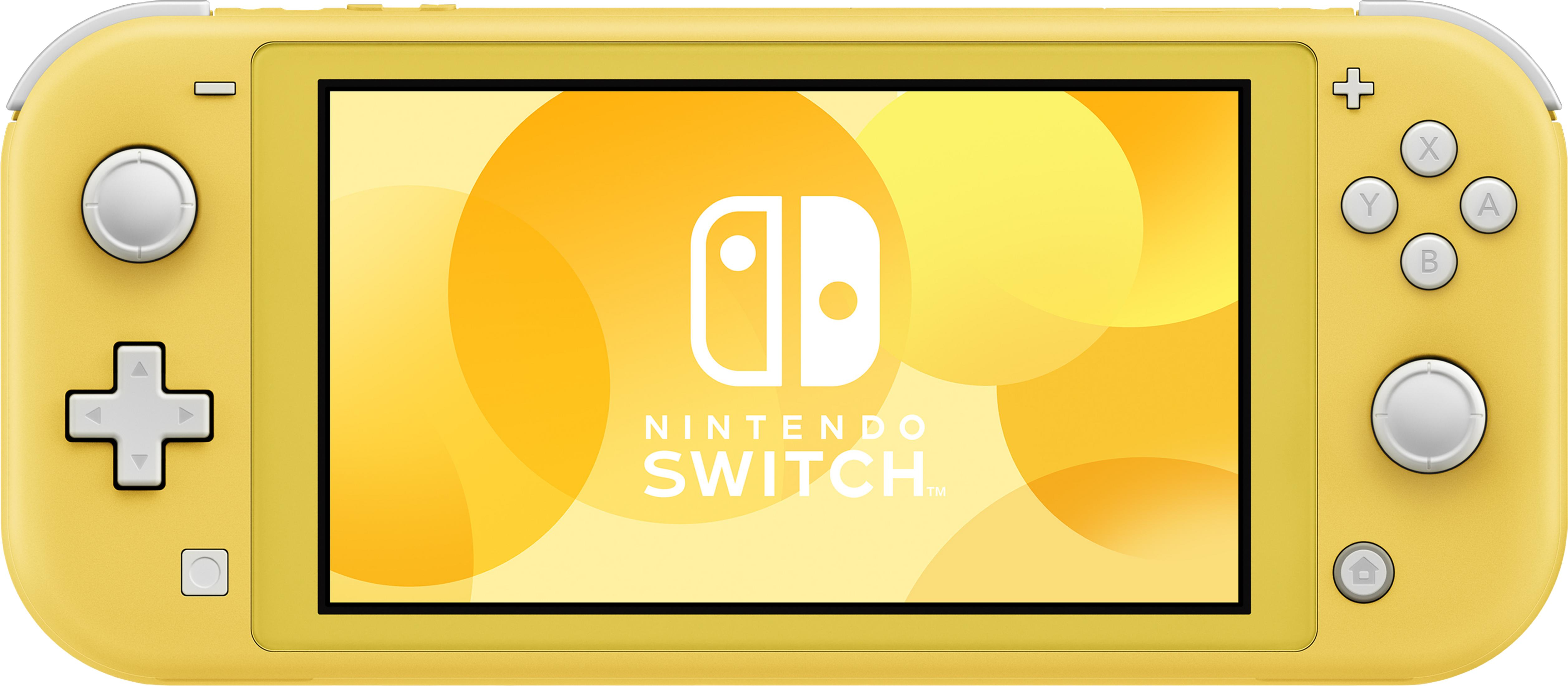 Gele Nintendo Switch Lite met Nintendo-logo op het scherm.