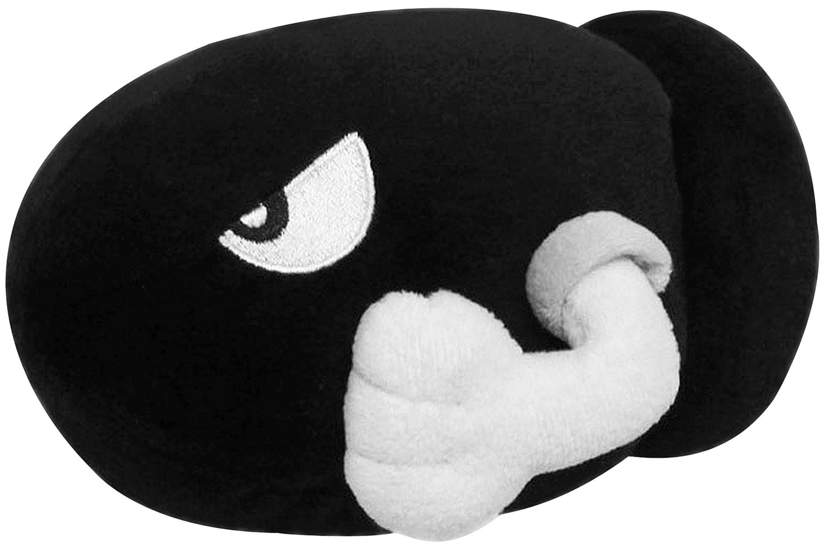 Pelota negra de felpa con ojo blanco y brazo en forma de puño.