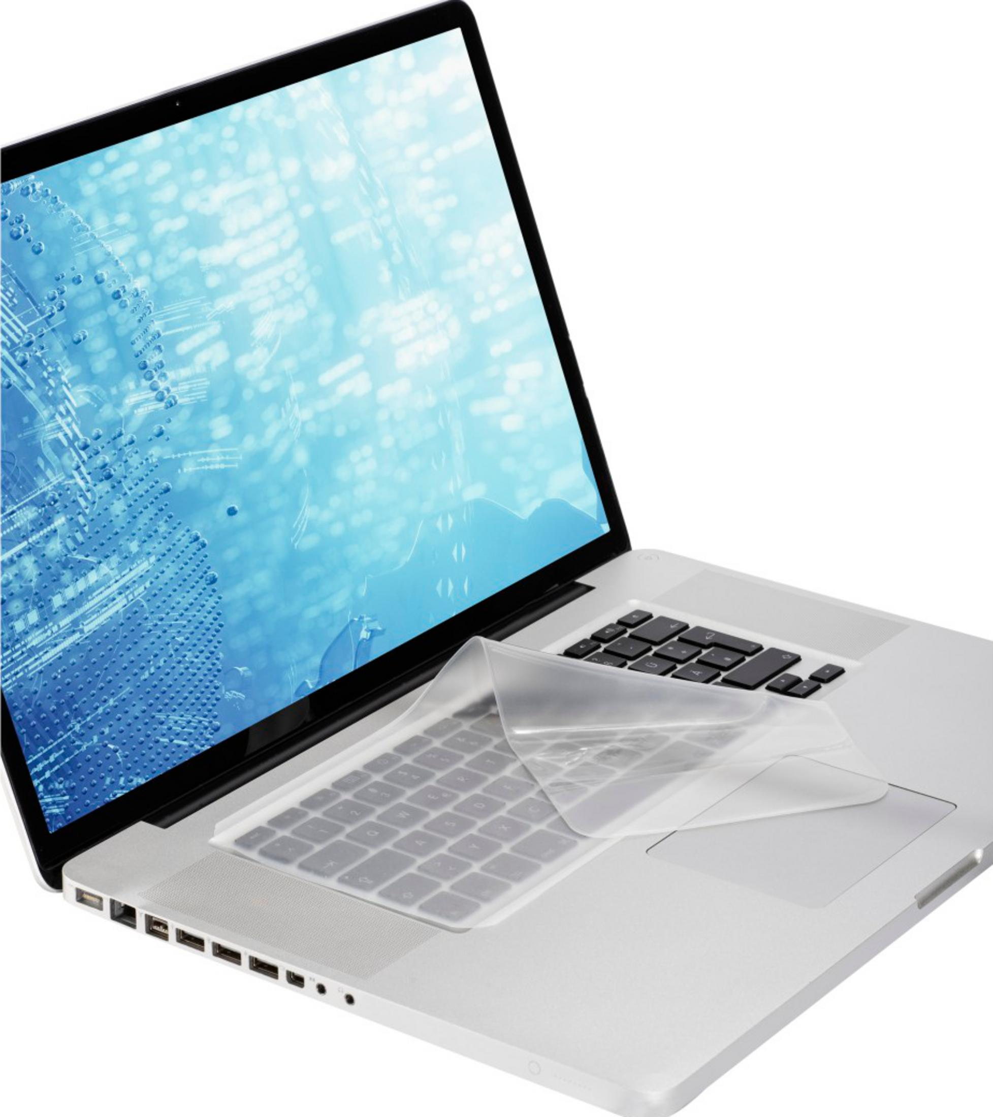 Ein geöffneter Laptop mit einer transparenten Tastaturabdeckung und einem blauen, digitalen Hintergrund.