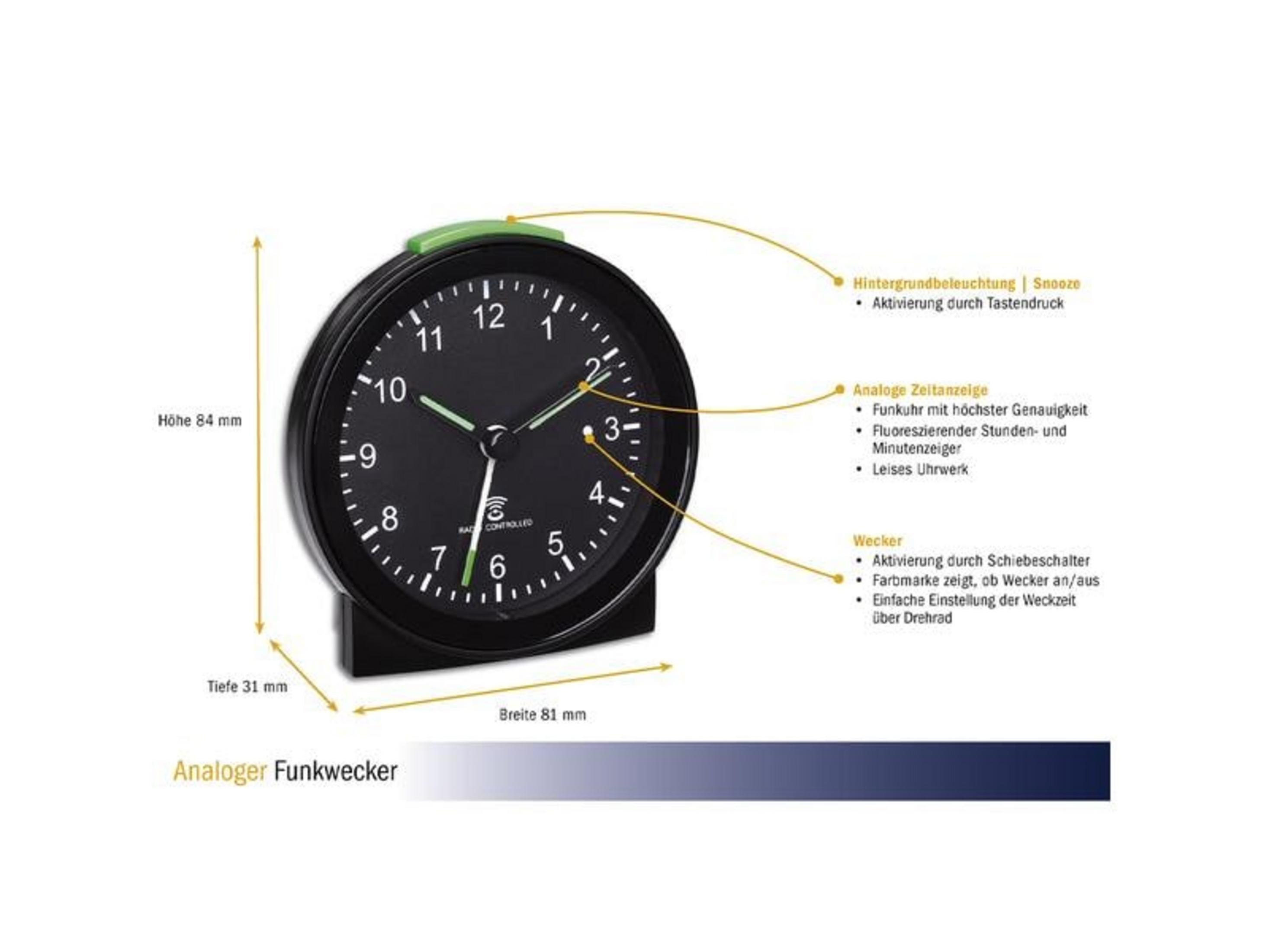 Schwarzer analoger Funkwecker mit leuchtenden Zeigern und grüner Snooze-Taste.