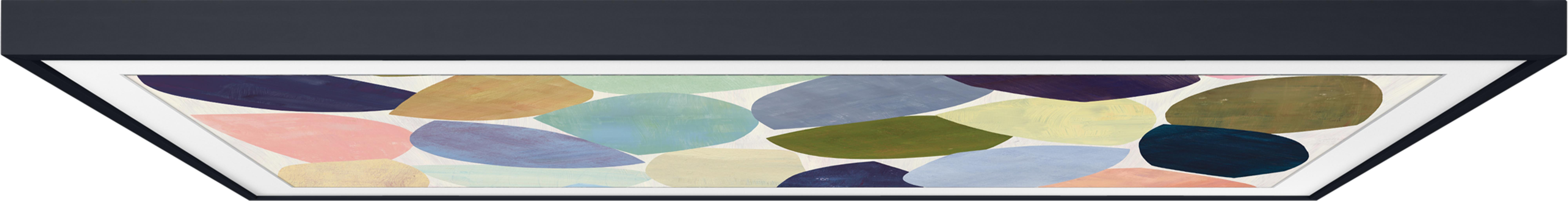 Abstrakte Kunst mit ovalen Formen in Blau-, Grün-, Rosa- und Gelbtönen.