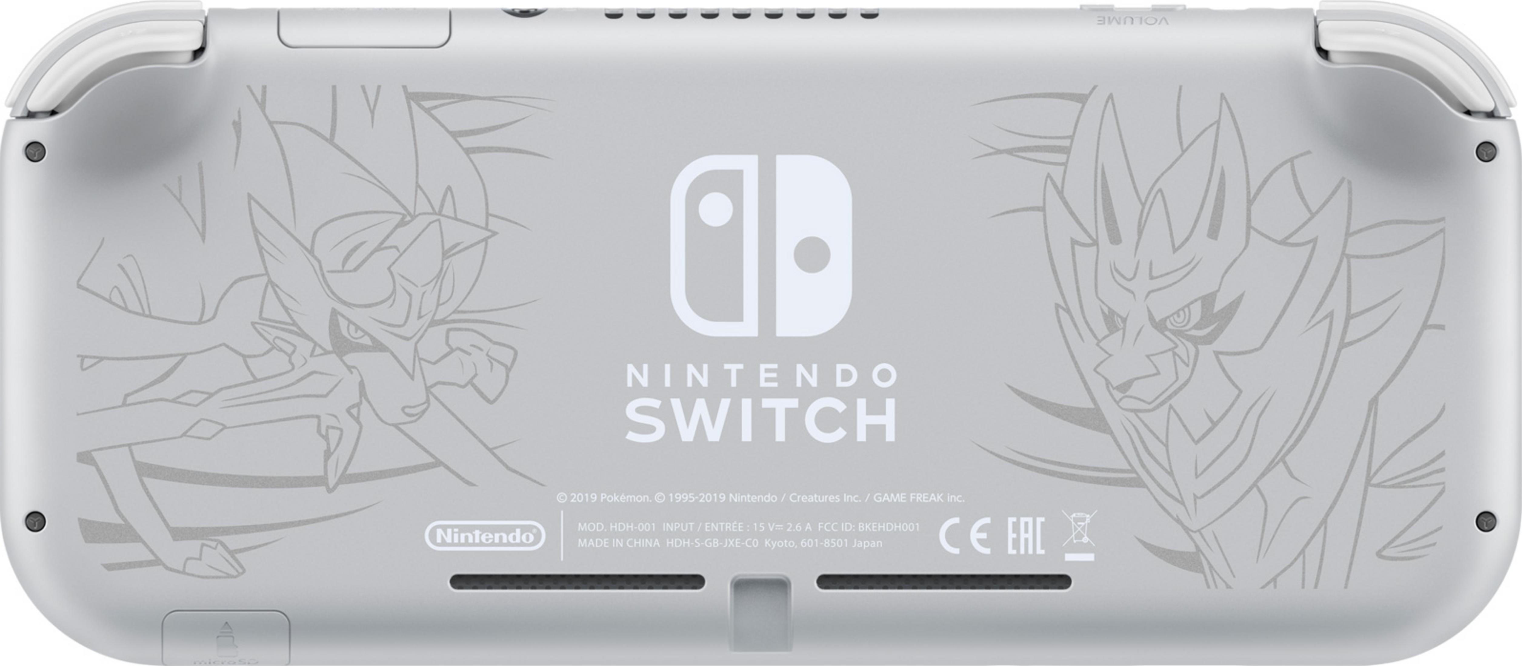Graues Nintendo Switch Lite mit Pokémon-Motiven und Schriftzug.