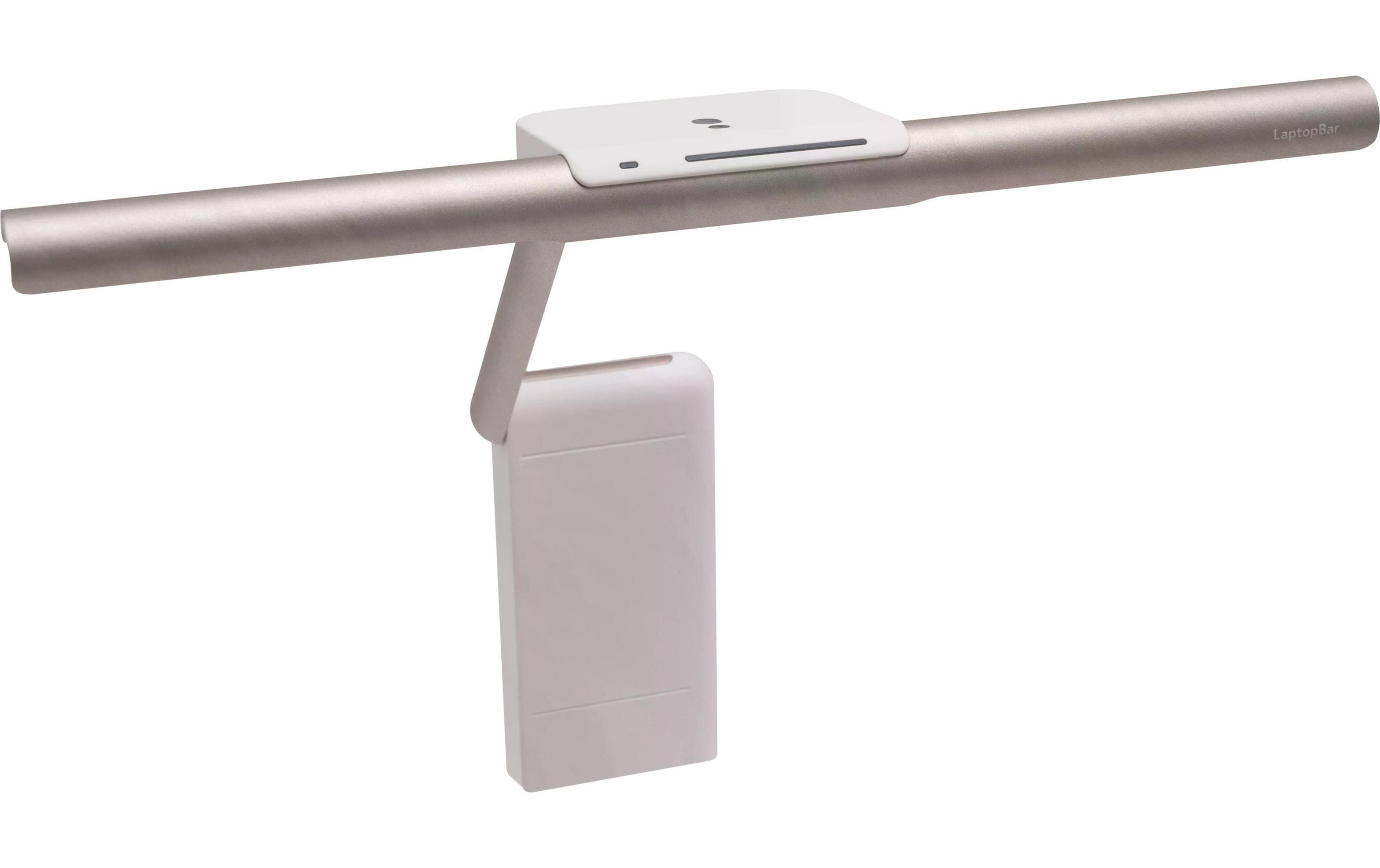 Una luce per laptop argentata con un supporto bianco rettangolare.