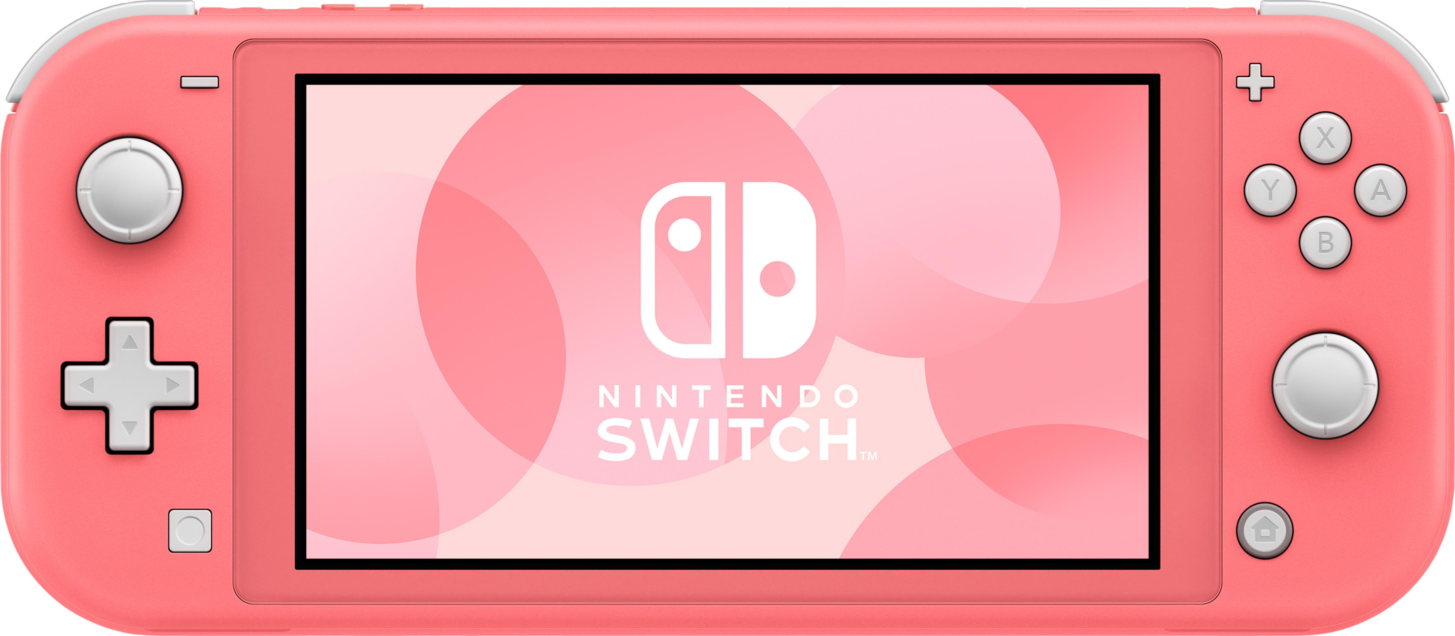 Un Nintendo Switch Lite color coral con el logo de Nintendo en la pantalla.