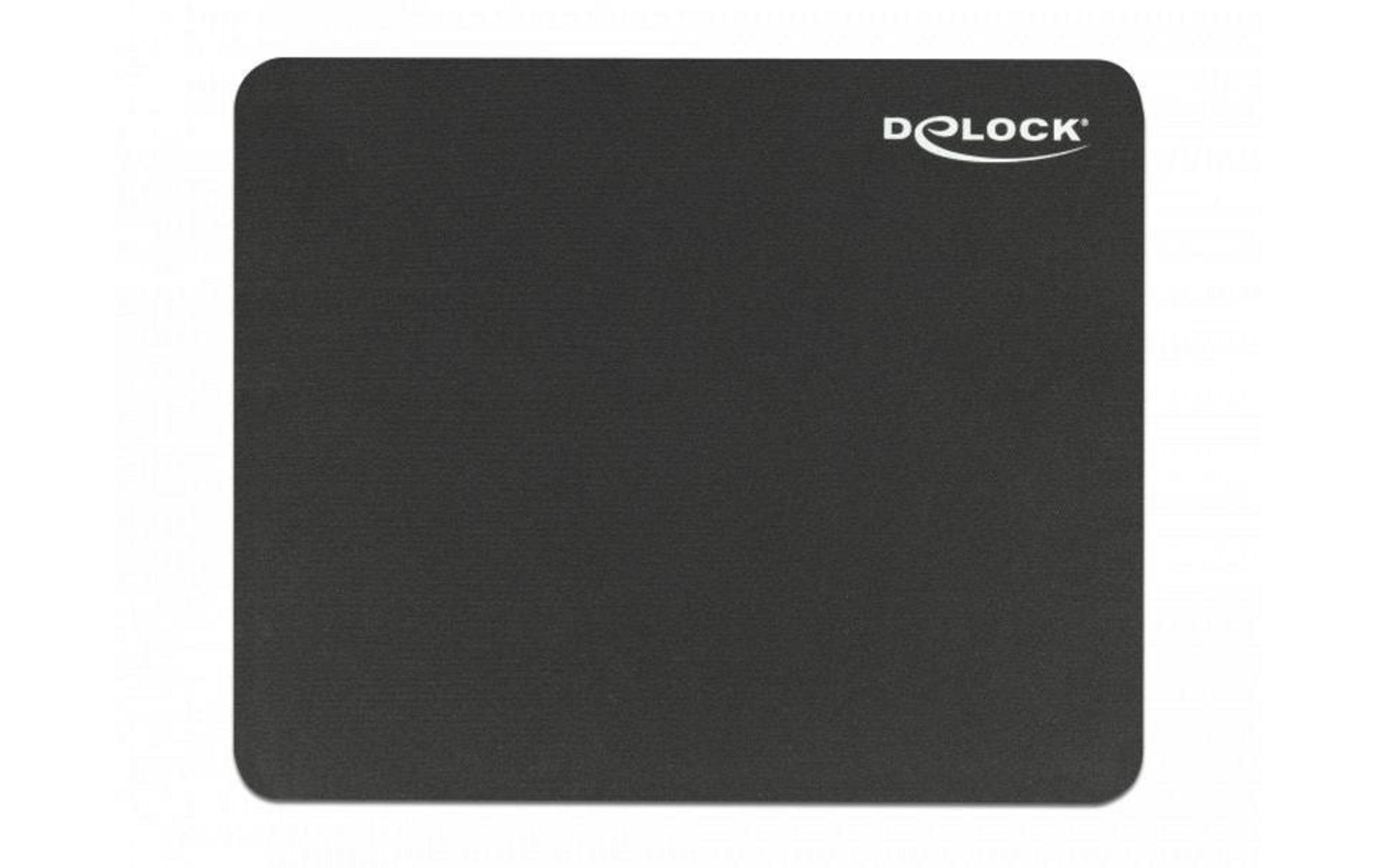Tapis de souris noir aux coins arrondis avec un logo blanc.