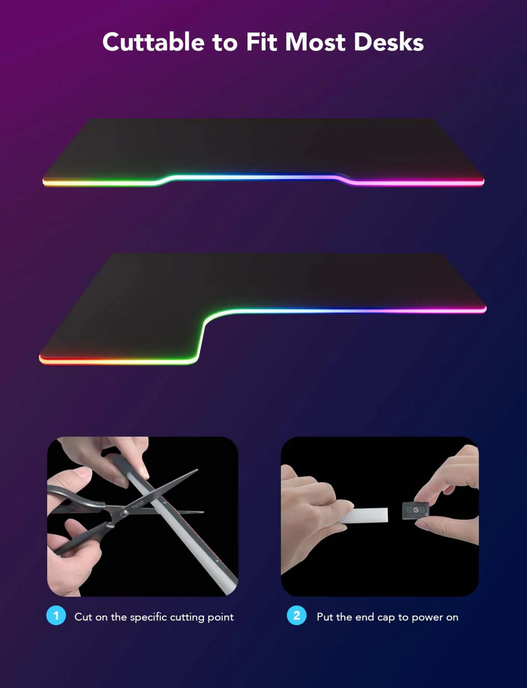 Cięta podkładka pod biurko z oświetleniem RGB, pokazująca jak ją przyciąć i podłączyć.