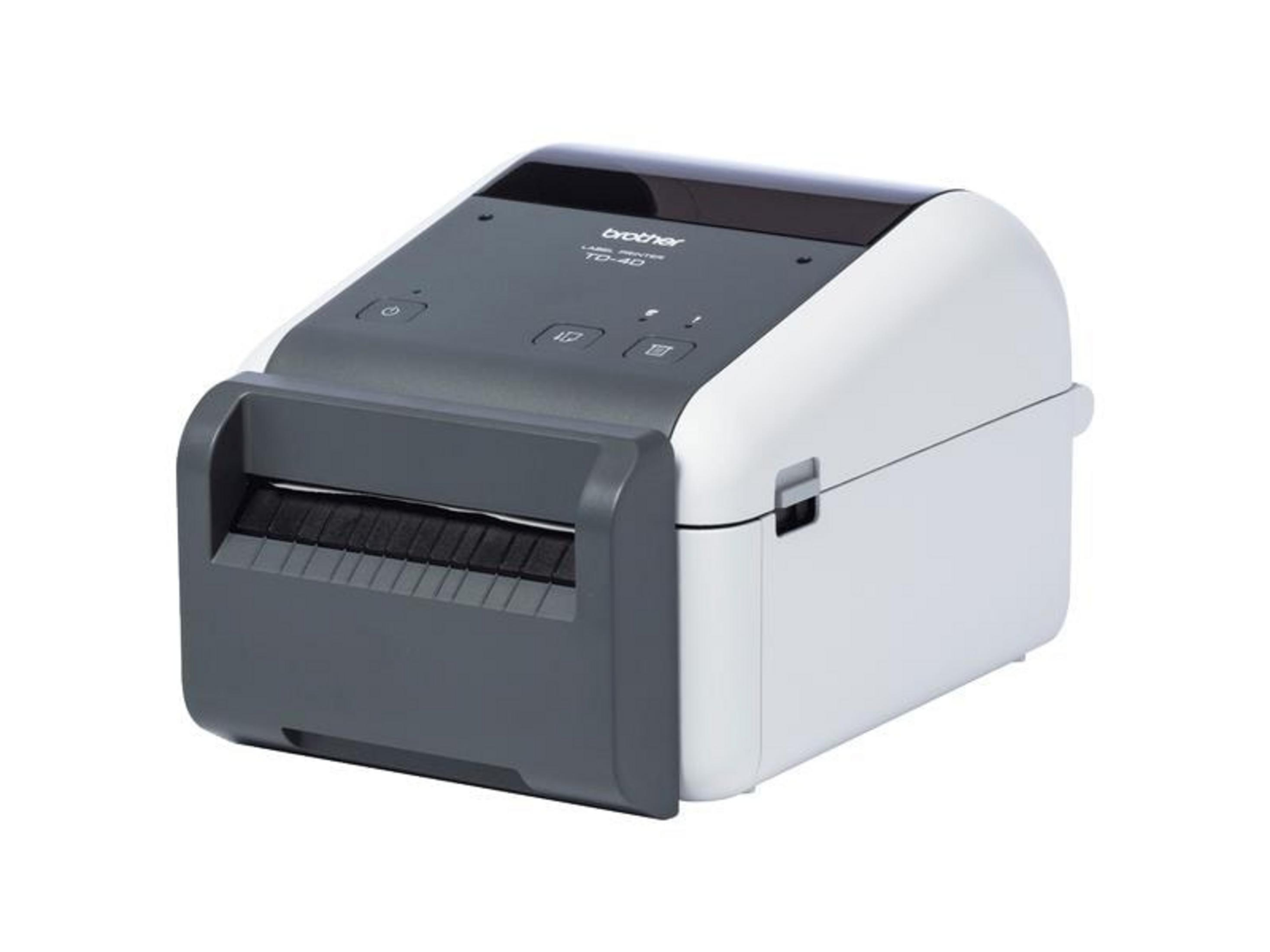 Biało-szara drukarka etykiet Brother z przyciskami na górze.