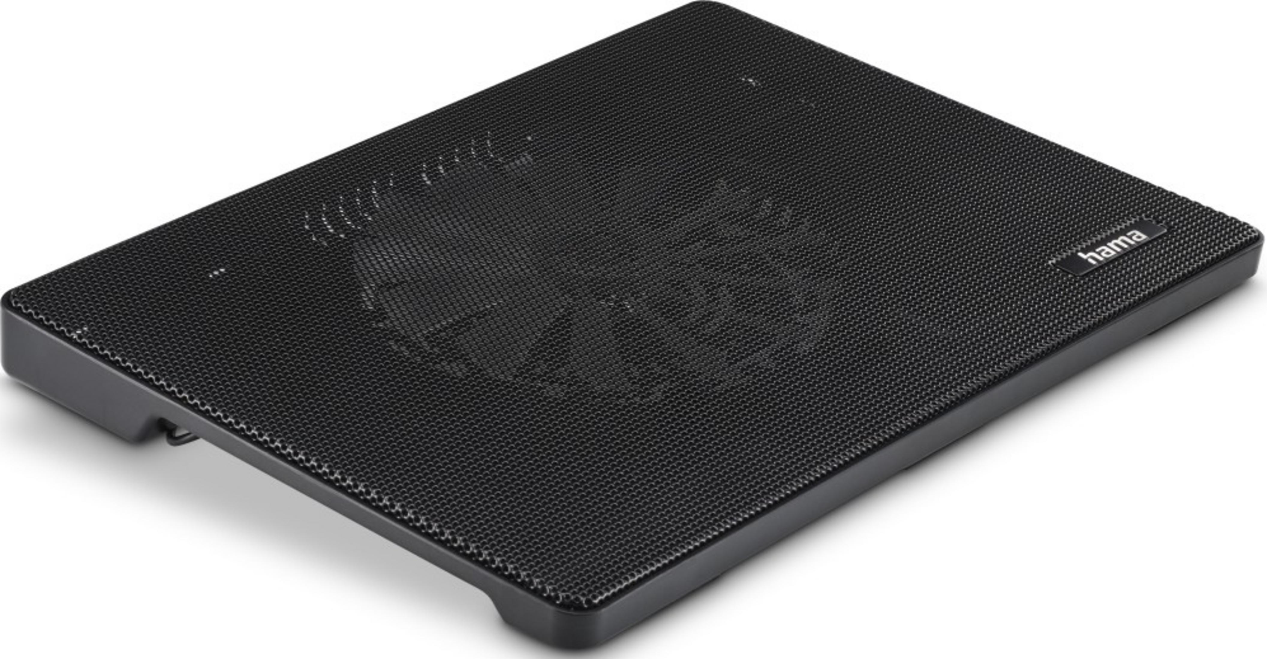 Czarna podkładka chłodząca do laptopa z siatkową powierzchnią.