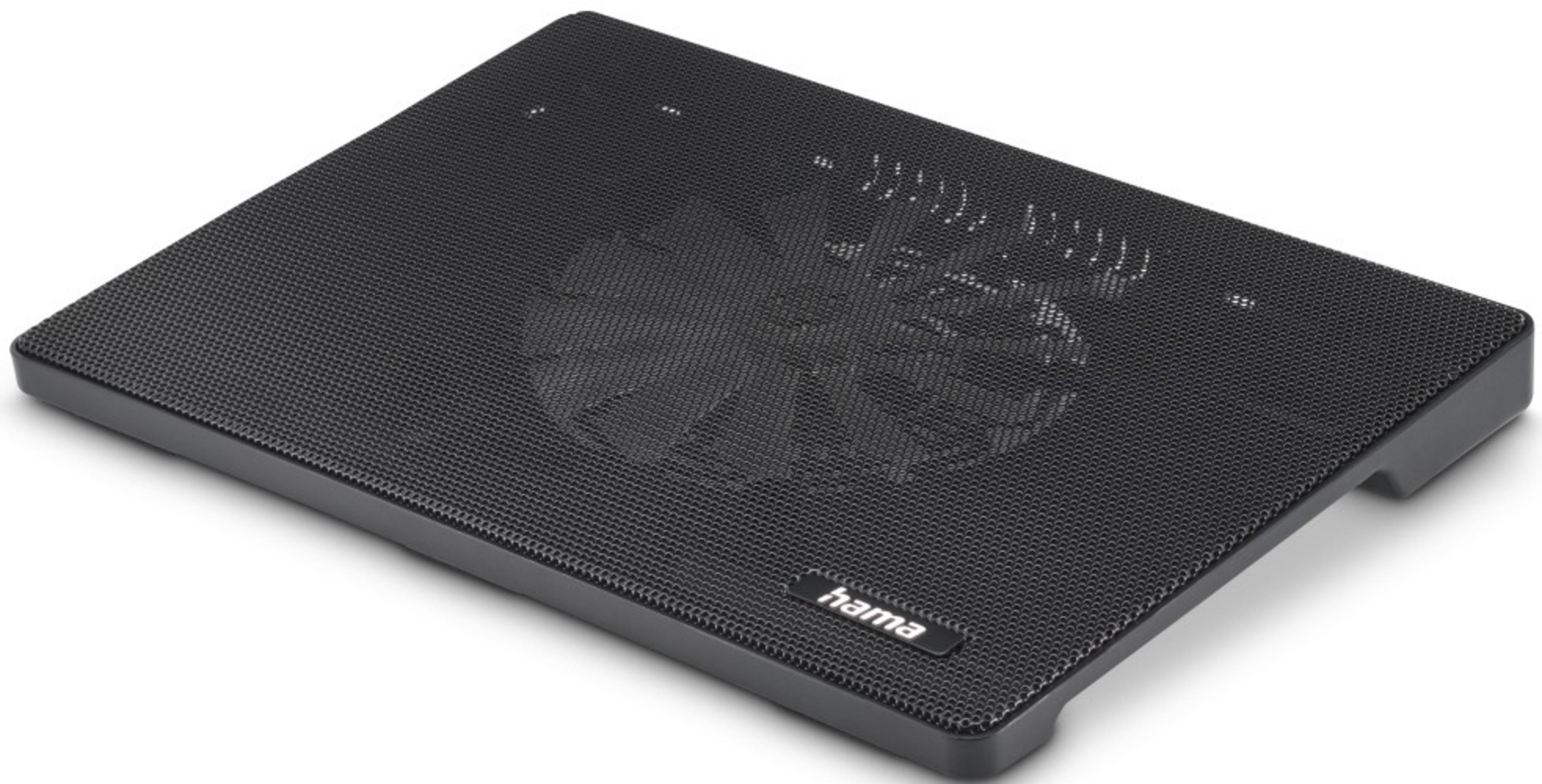 Czarna podkładka chłodząca do laptopa z wentylatorem i logo Hama.