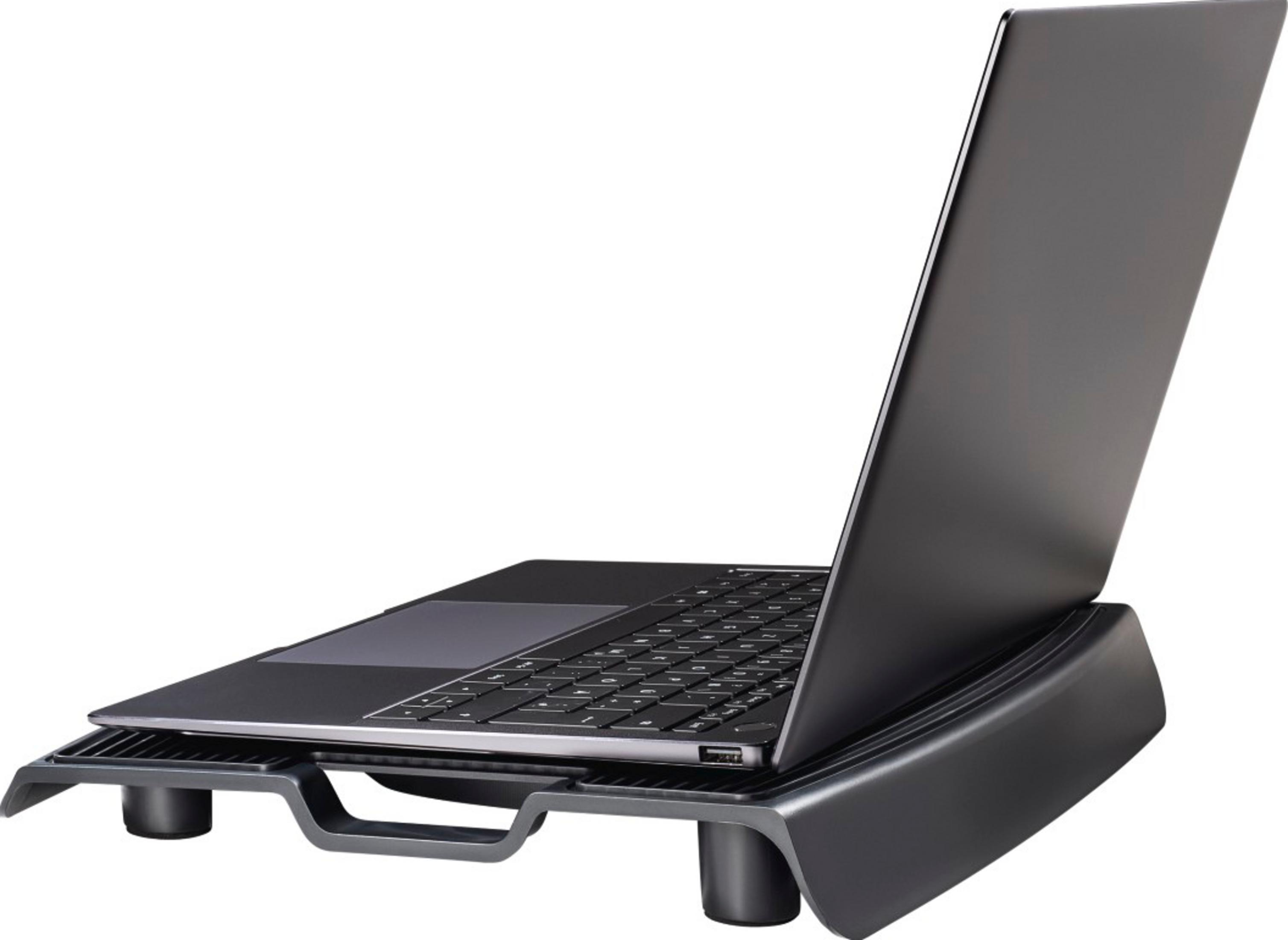 Ein schwarzer Laptop auf einem schwarzen Ständer, mit geöffnetem Bildschirm.