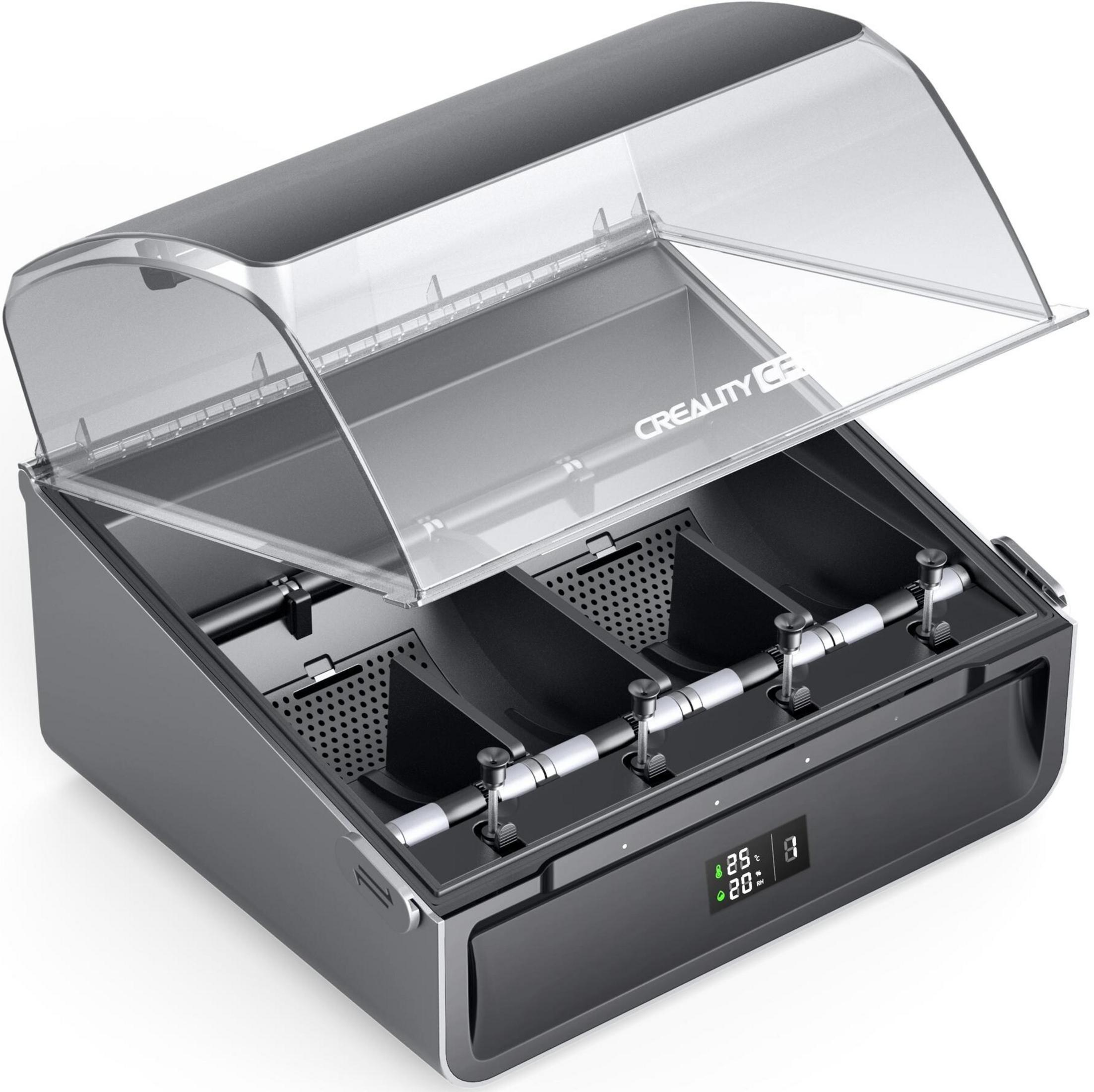 Una scatola scura con coperchio trasparente e display digitali.