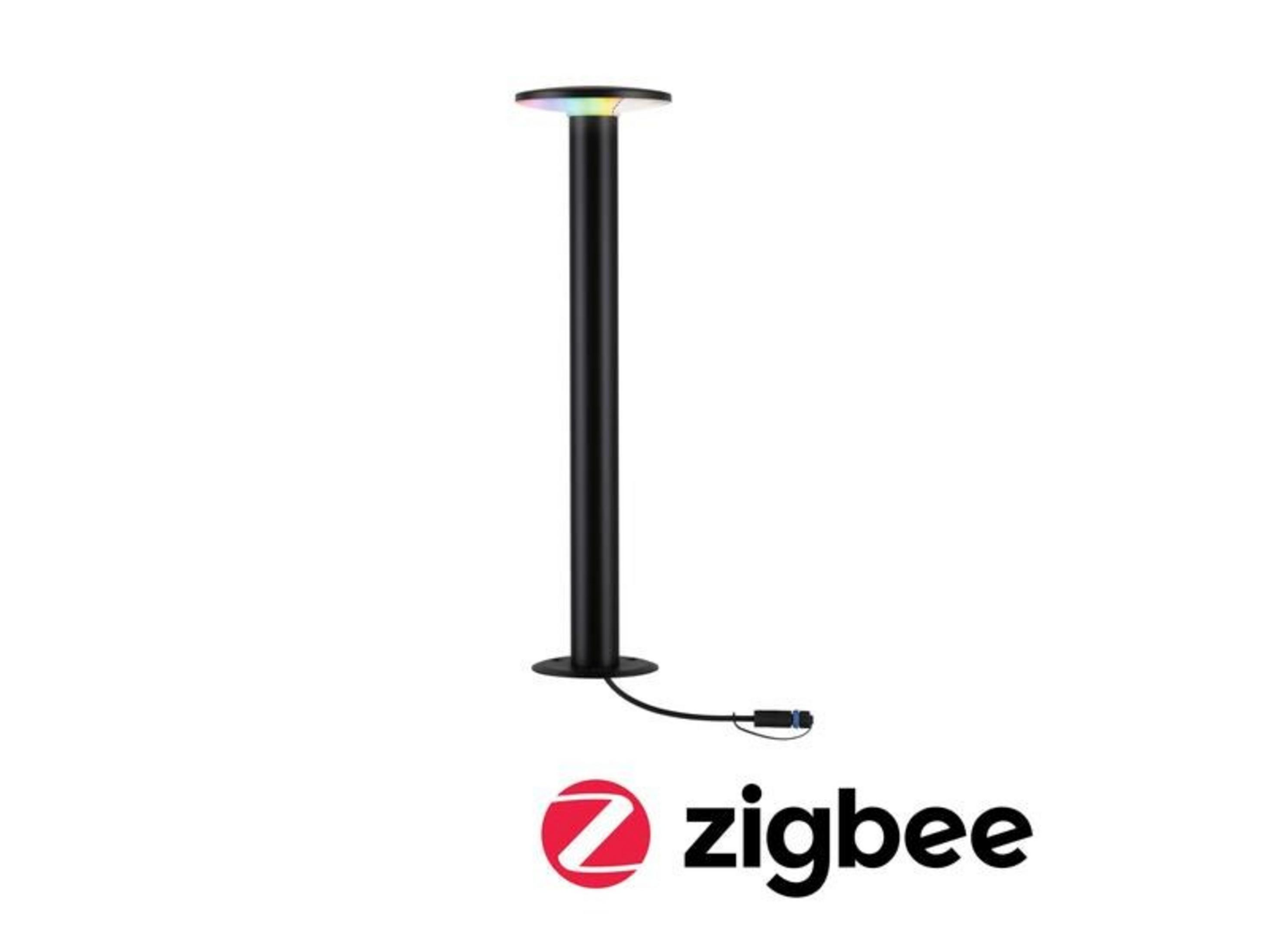 Czarny słup lampy stojącej z kolorowym światłem u góry i logo Zigbee.