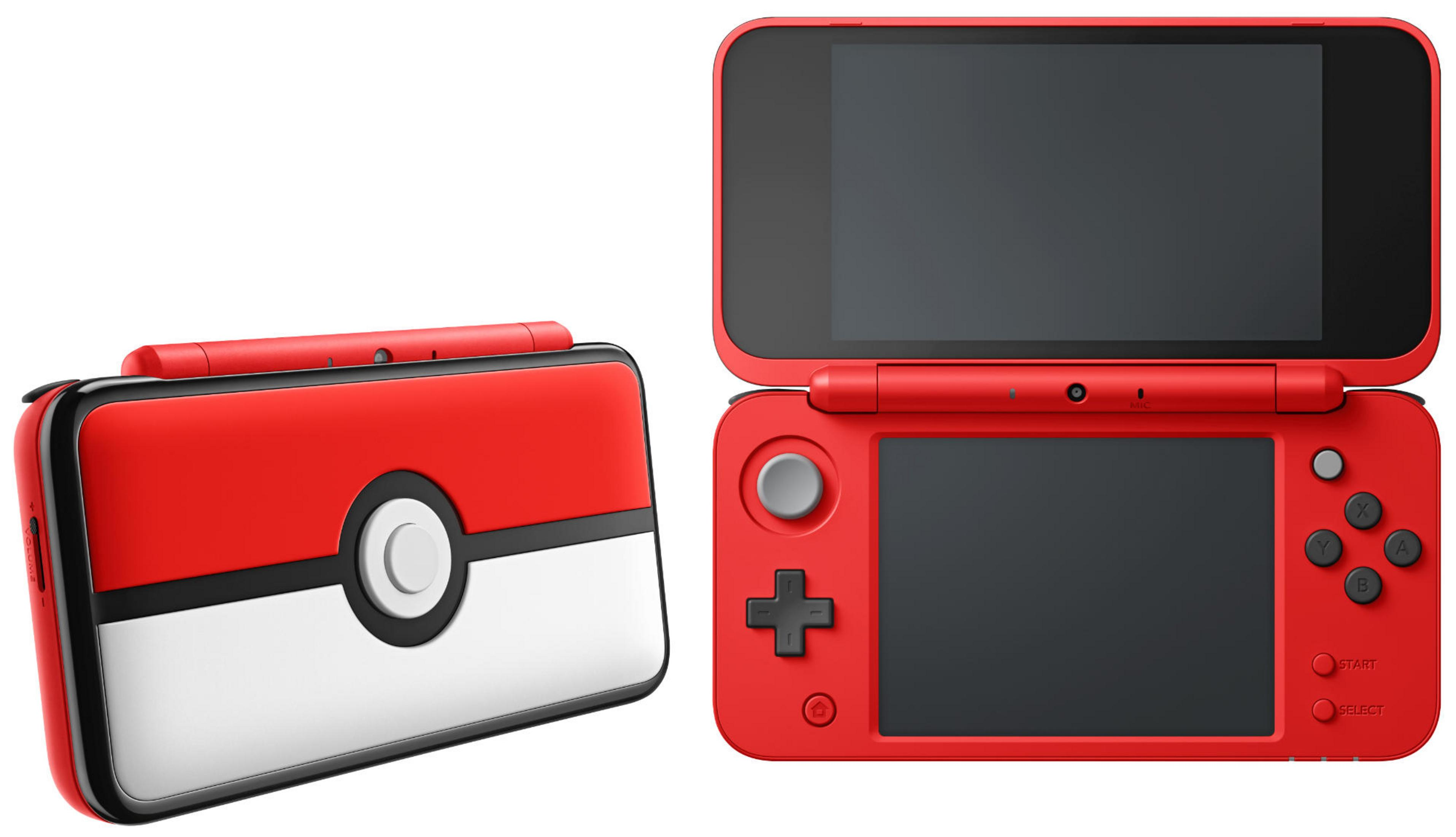 Ein roter Nintendo 2DS im Pokeball-Design, geschlossen und geöffnet.