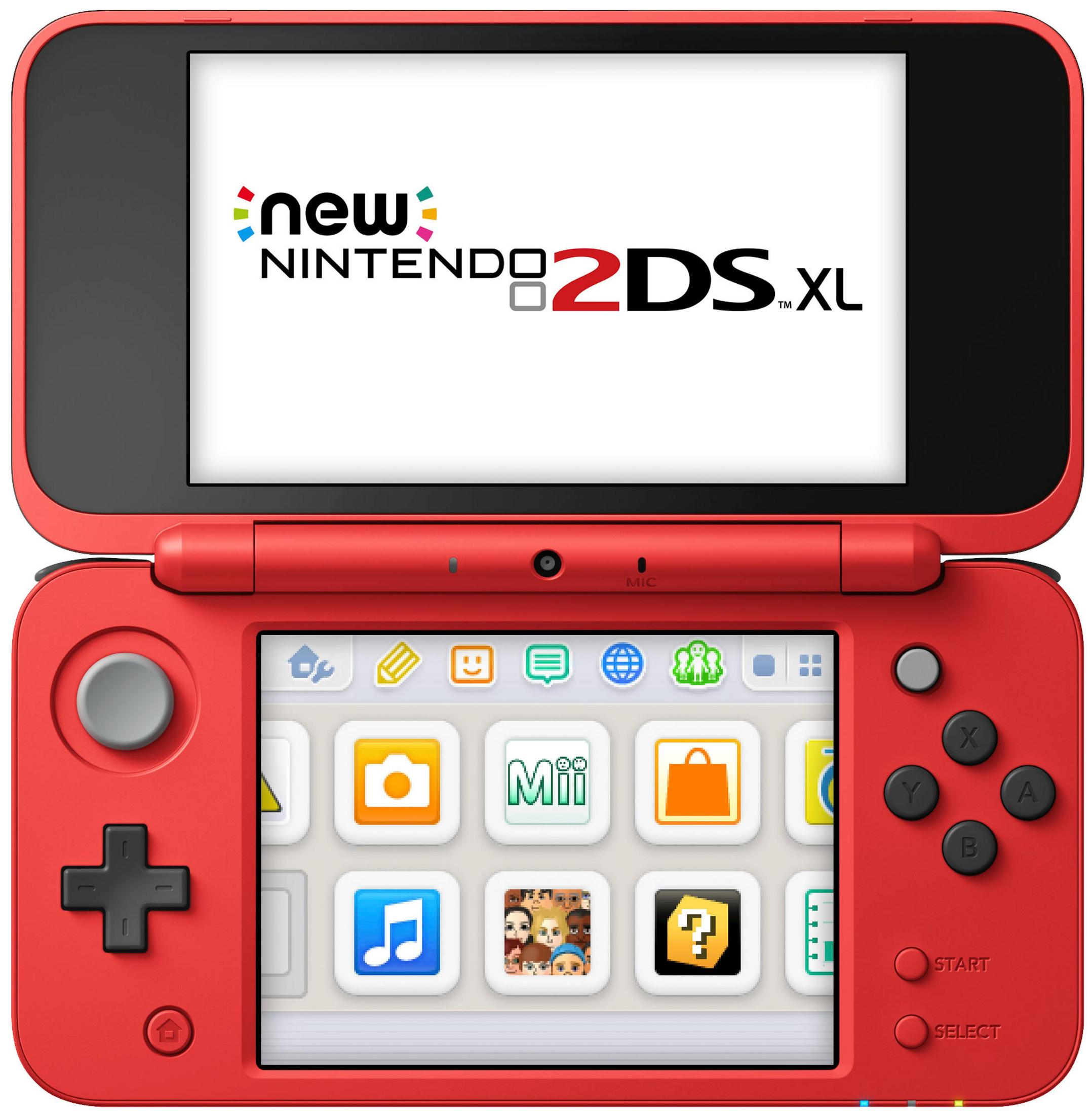 Roter Nintendo 2DS XL geöffnet, zeigt oberen Bildschirm mit Logo und unteren Bildschirm mit Spielsymbolen.