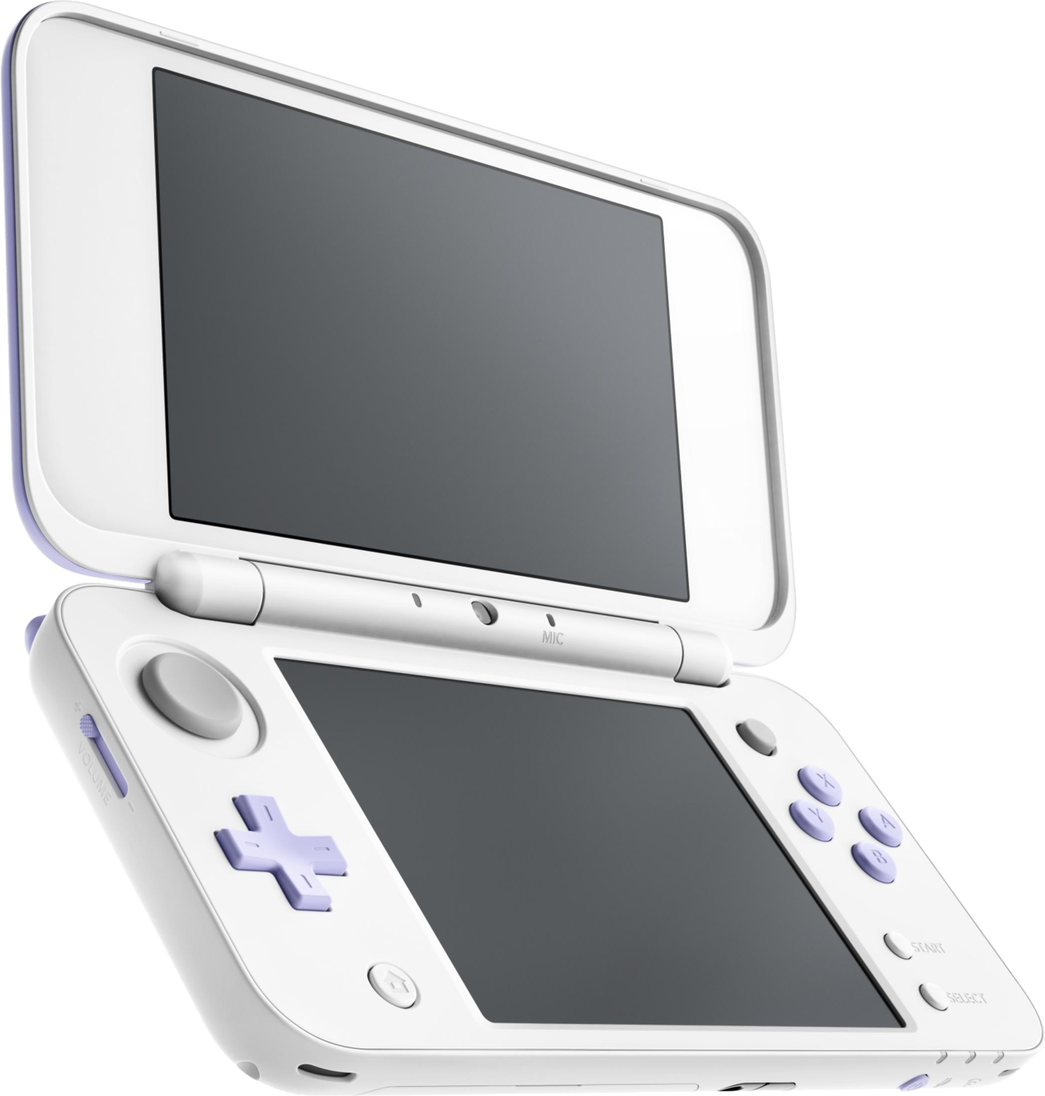 Een wit handheld-gamingapparaat met paarse accenten, open op een witte achtergrond.