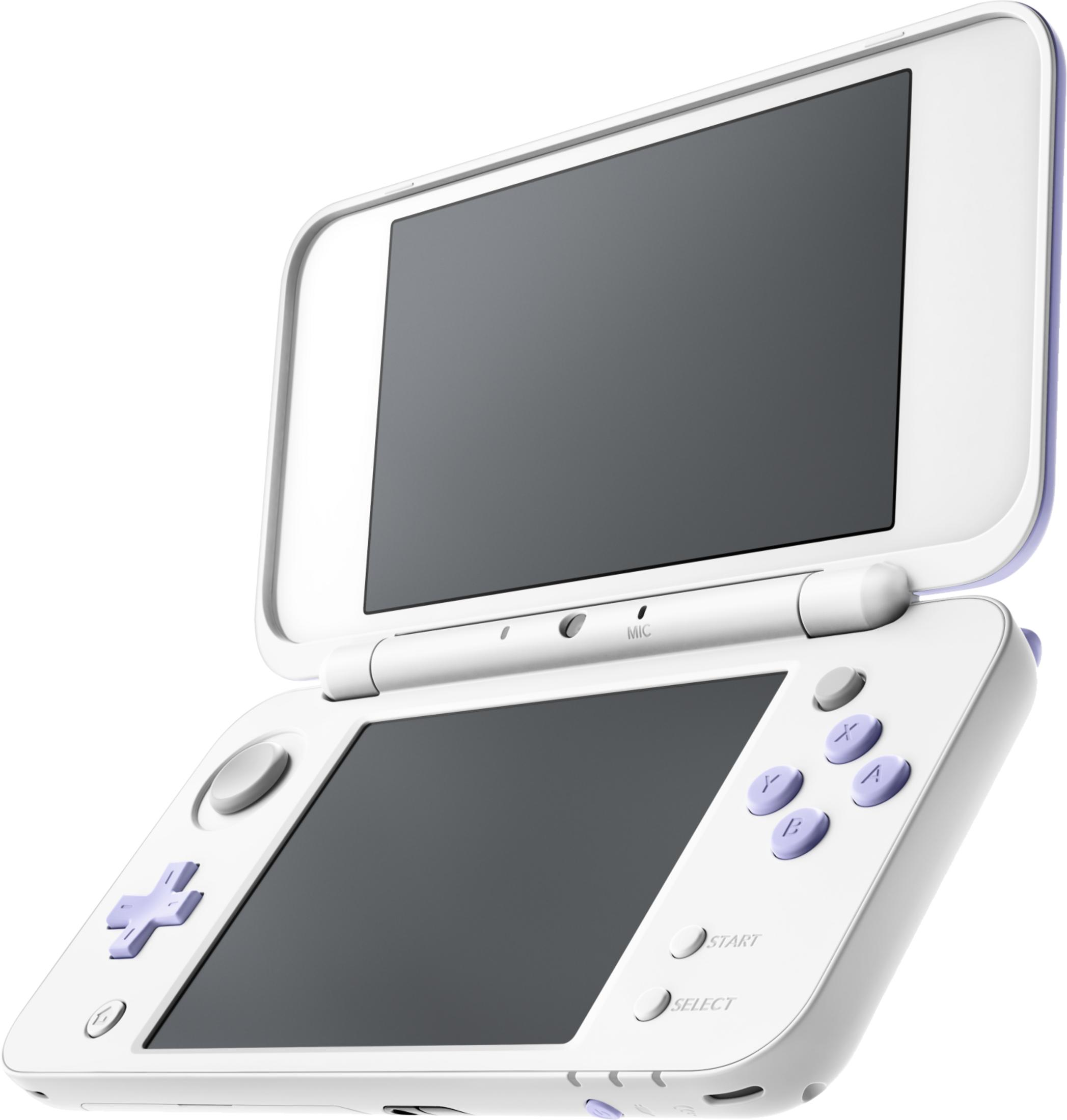 Een witte Nintendo 3DS met paarse knoppen en paarse rand.
