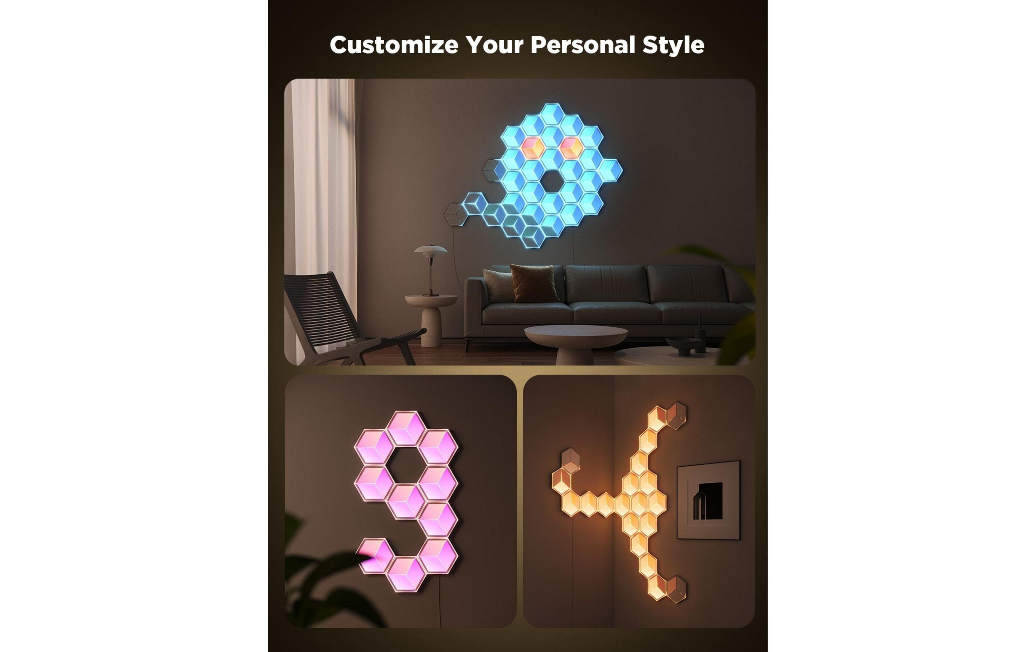 Des lumières hexagonales bleues, roses et jaunes ornent des murs dans un salon et des environnements sombres.