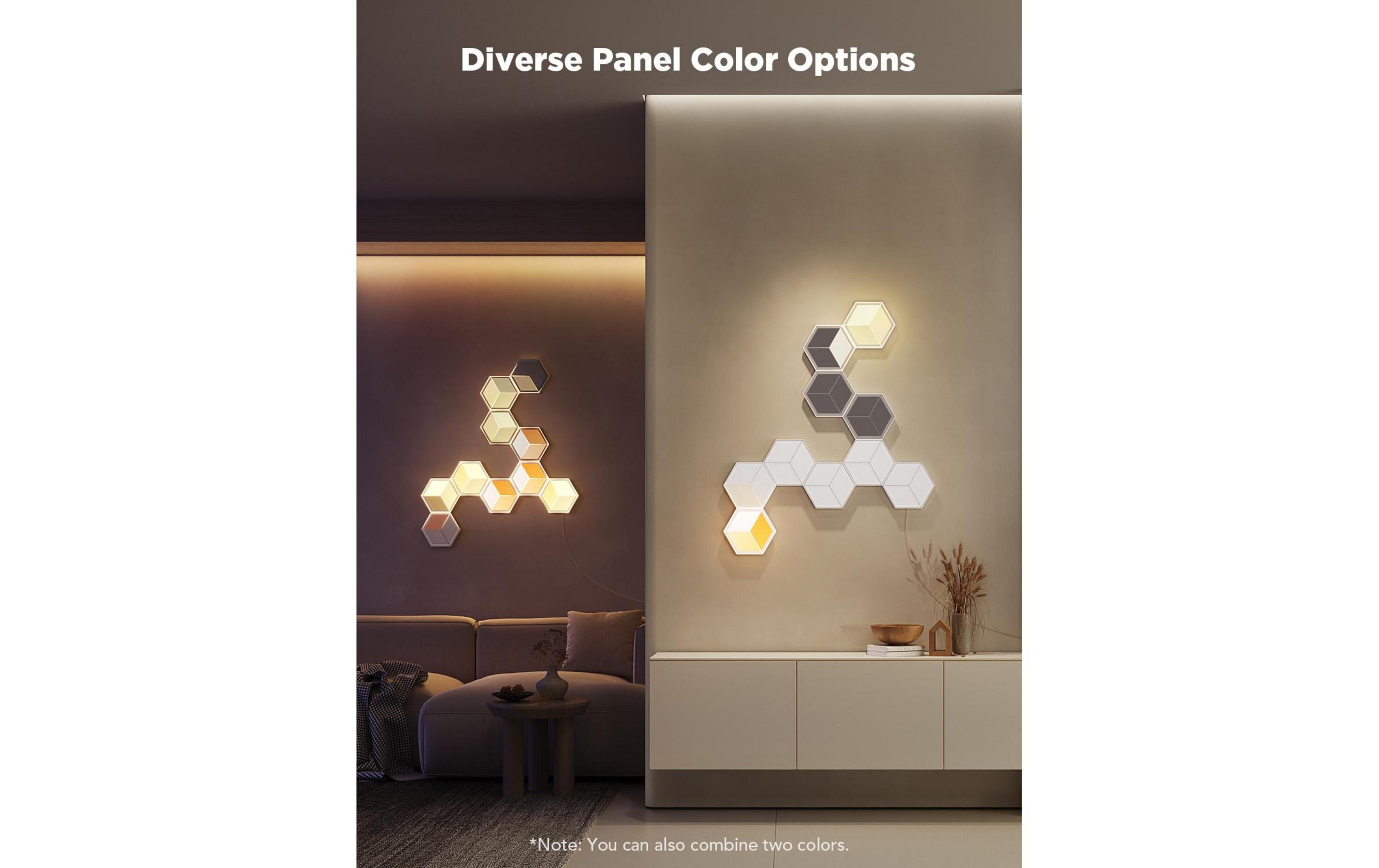 Des appliques murales hexagonales de différentes couleurs illuminent deux pièces.