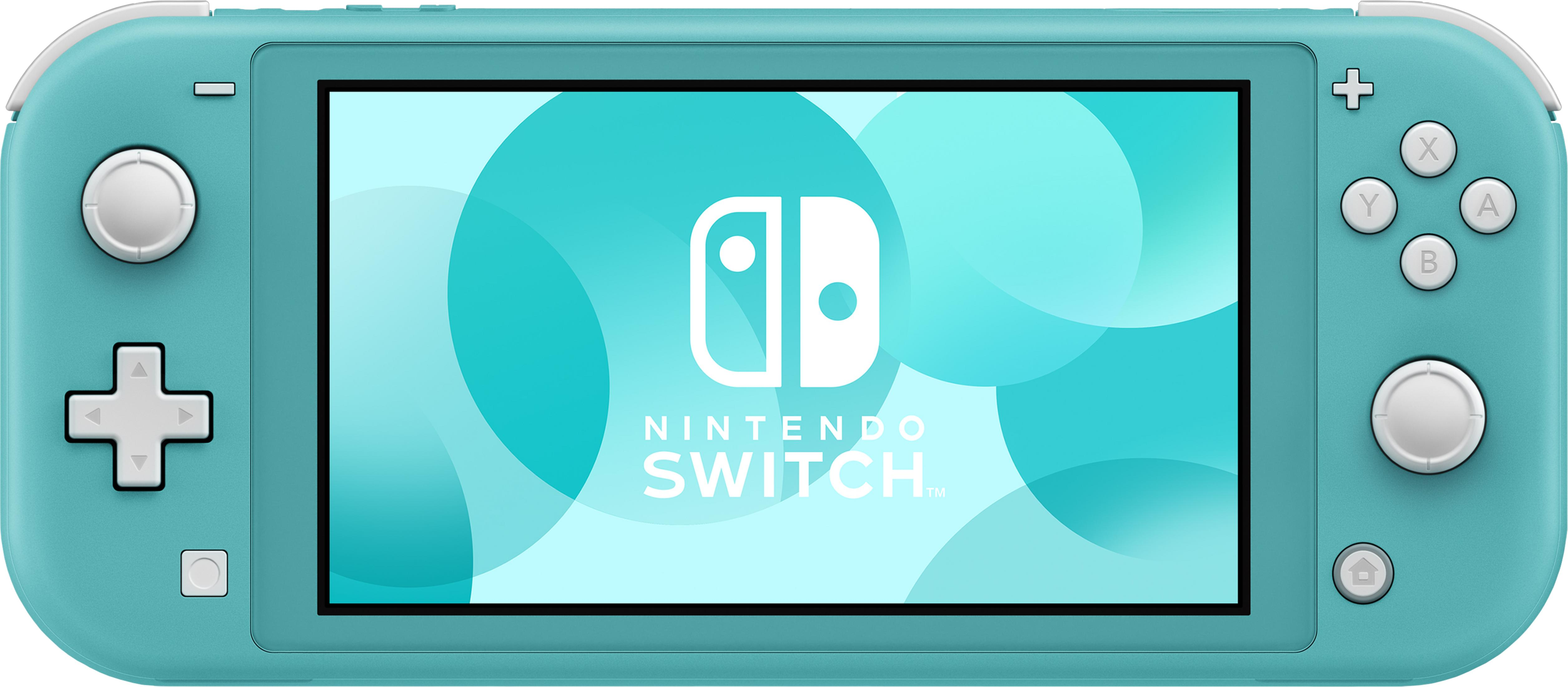 Una Nintendo Switch Lite turchese con il suo logo sullo schermo.