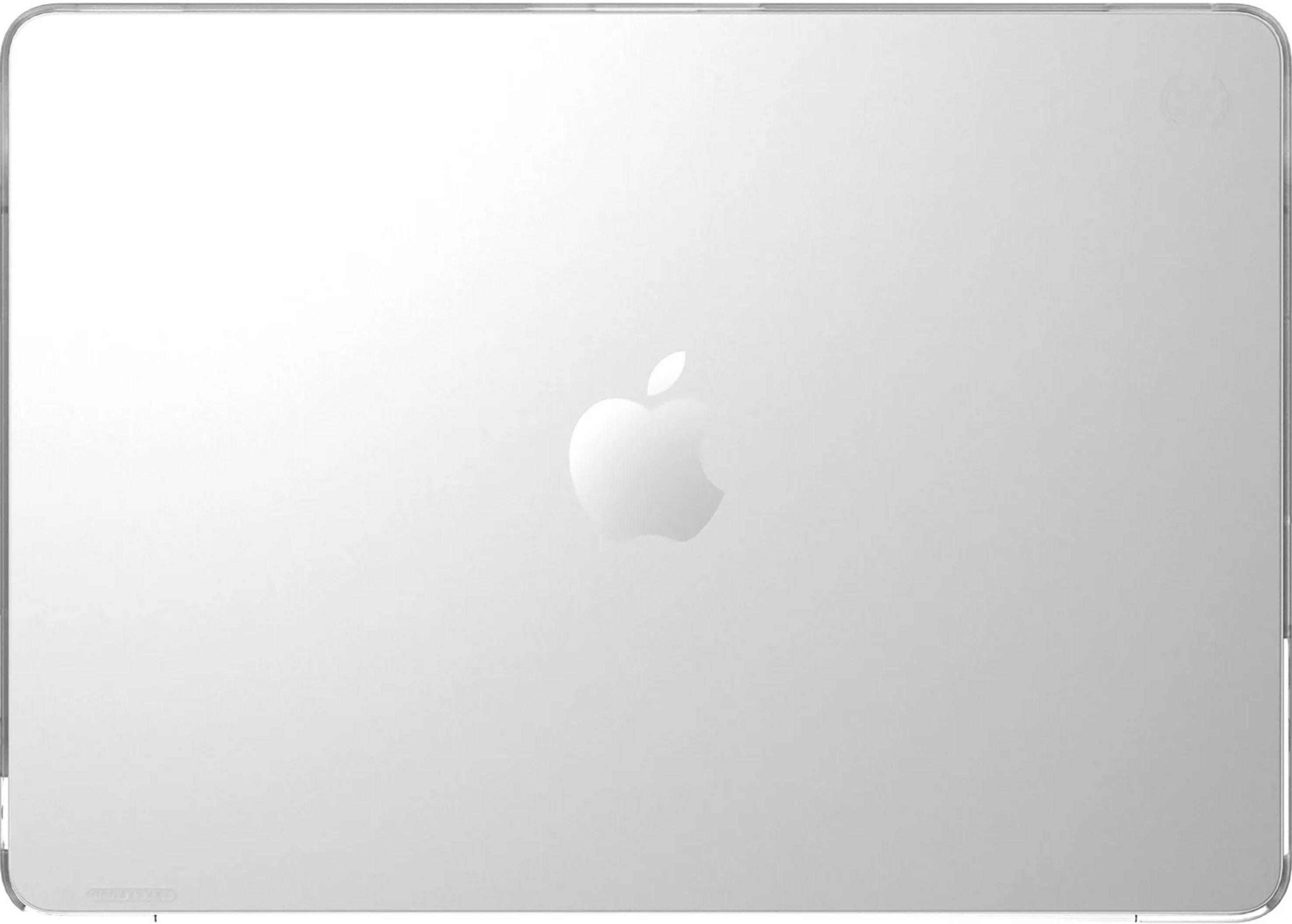 Un couvercle d'ordinateur portable transparent avec un logo Apple argenté au centre.