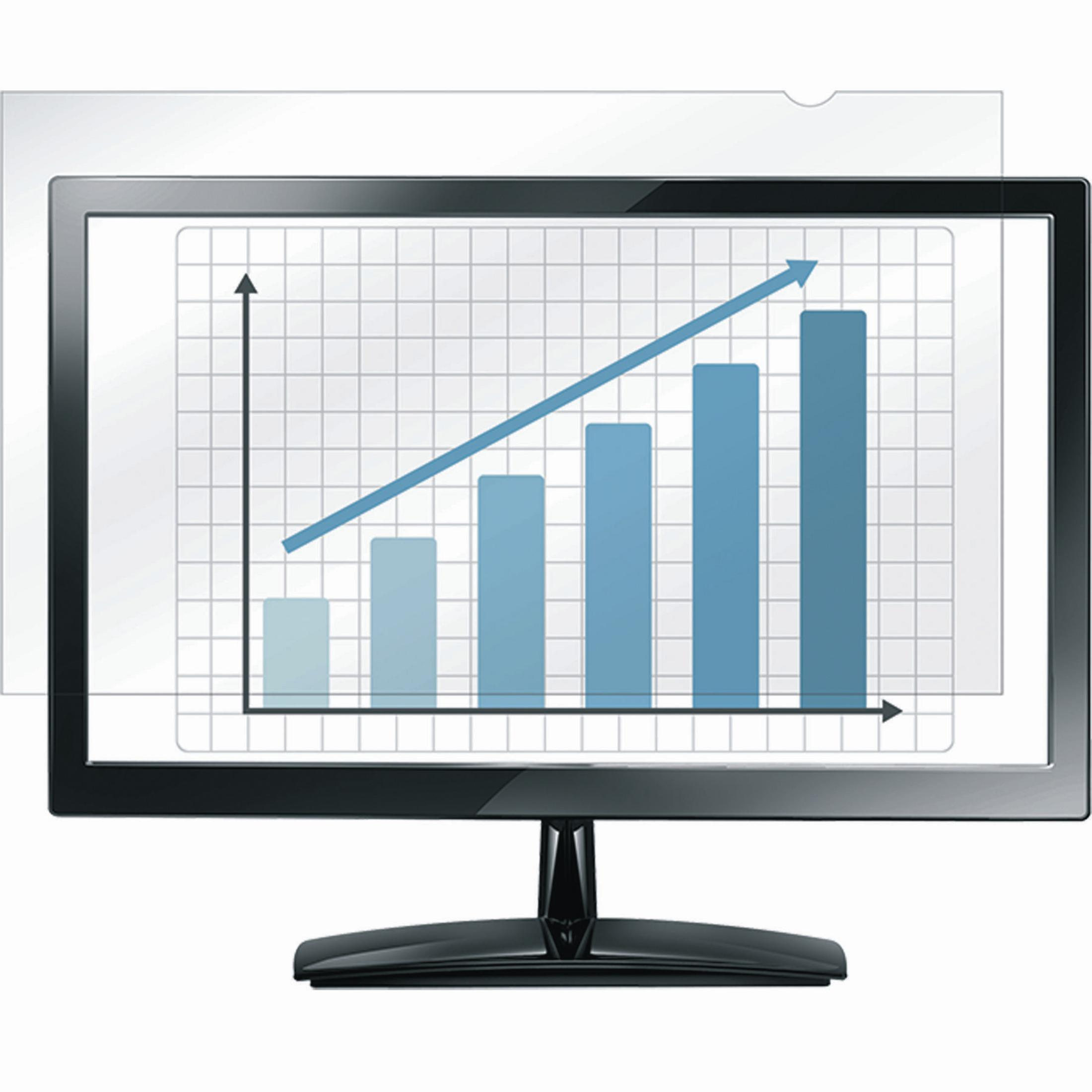 Un monitor visualizza un grafico a barre con barre crescenti e una freccia blu.