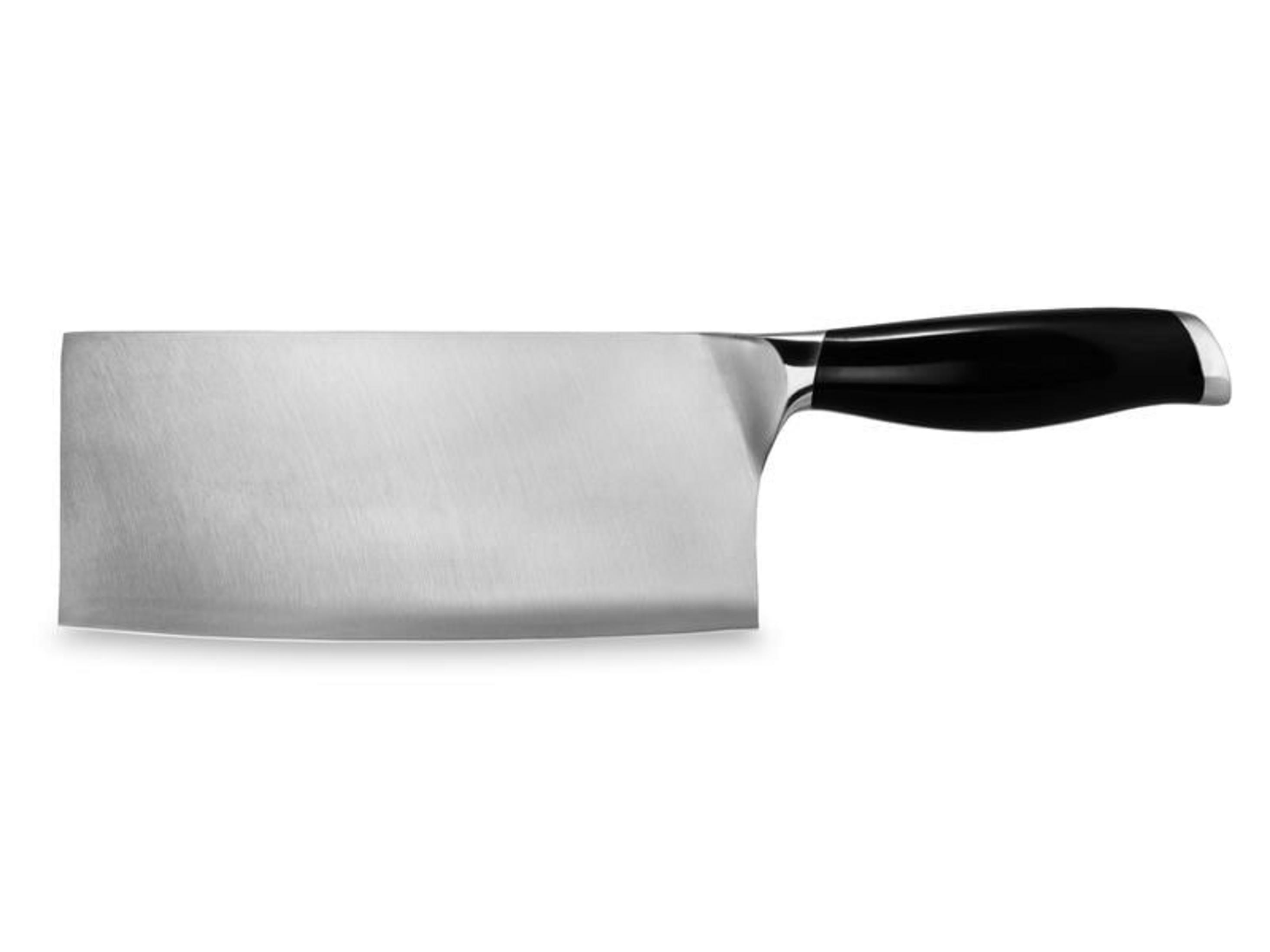 Une grosse lame de boucher avec une lame métallique brillante et un manche noir.