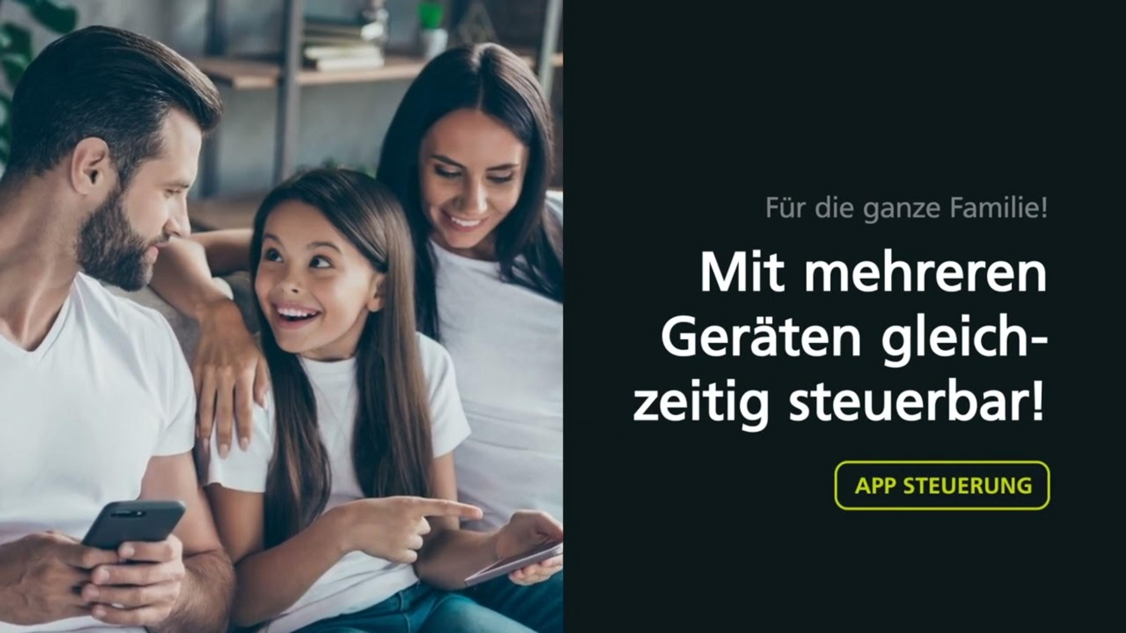 Famiglia guarda smartphone e tablet, testo: Per tutta la famiglia!