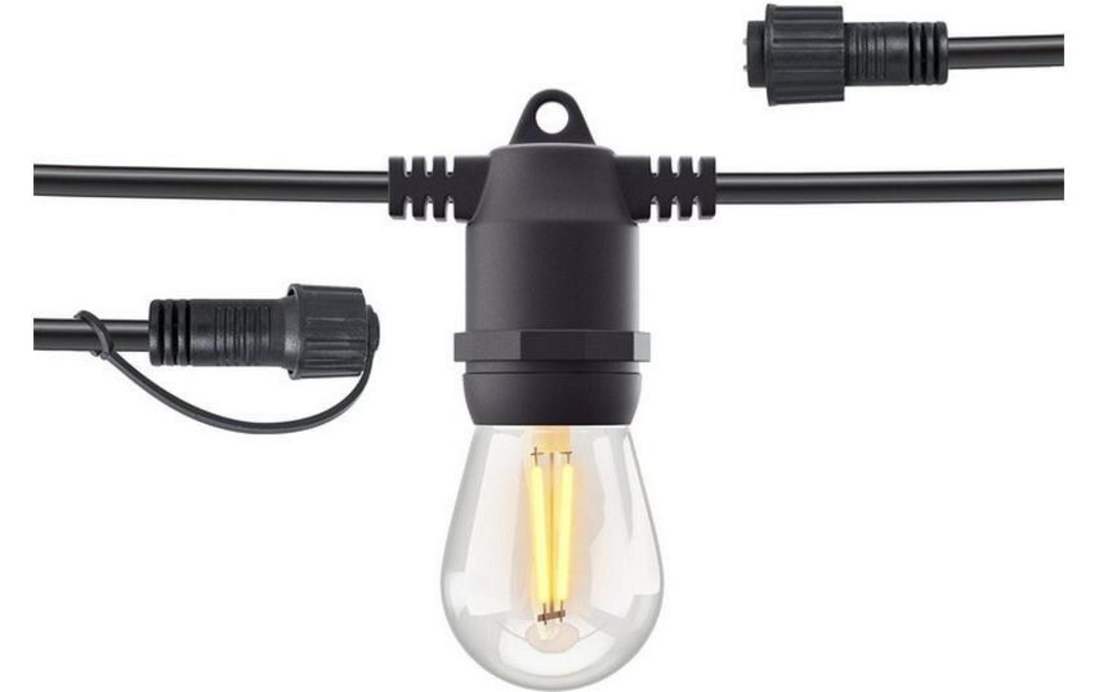 Catena luminosa nera con una lampadina e due connettori.