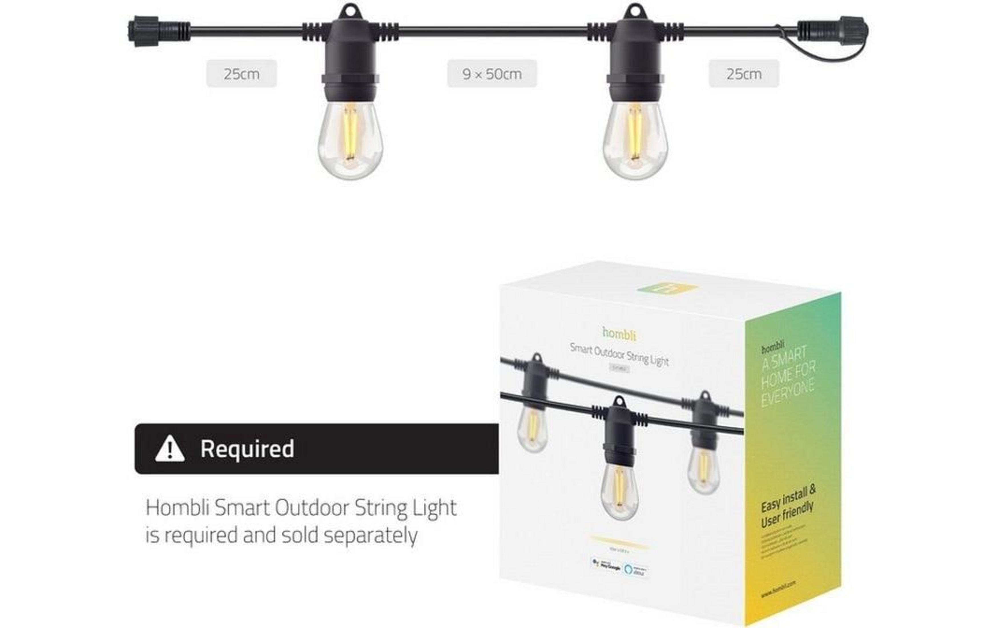 Confezione del prodotto Hombli Smart Outdoor String Light con catena luminosa e dimensioni.
