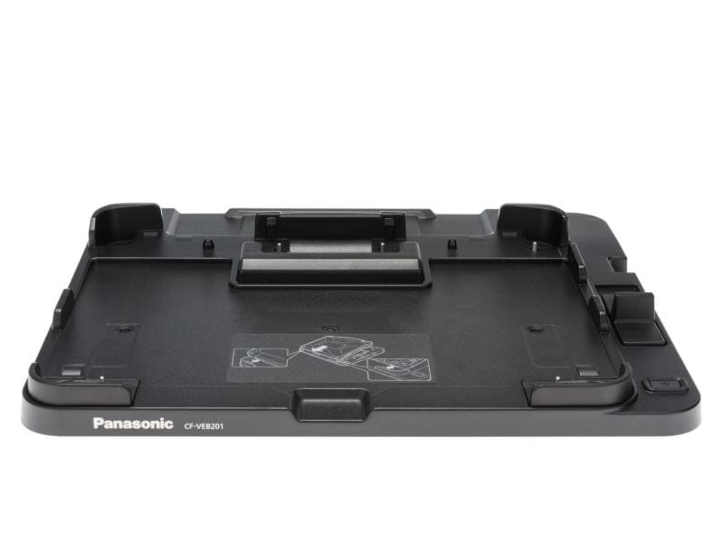 Schwarzer Panasonic CF-VEB201 Laptop-Dockingstation-Ständer mit Halteklammern.