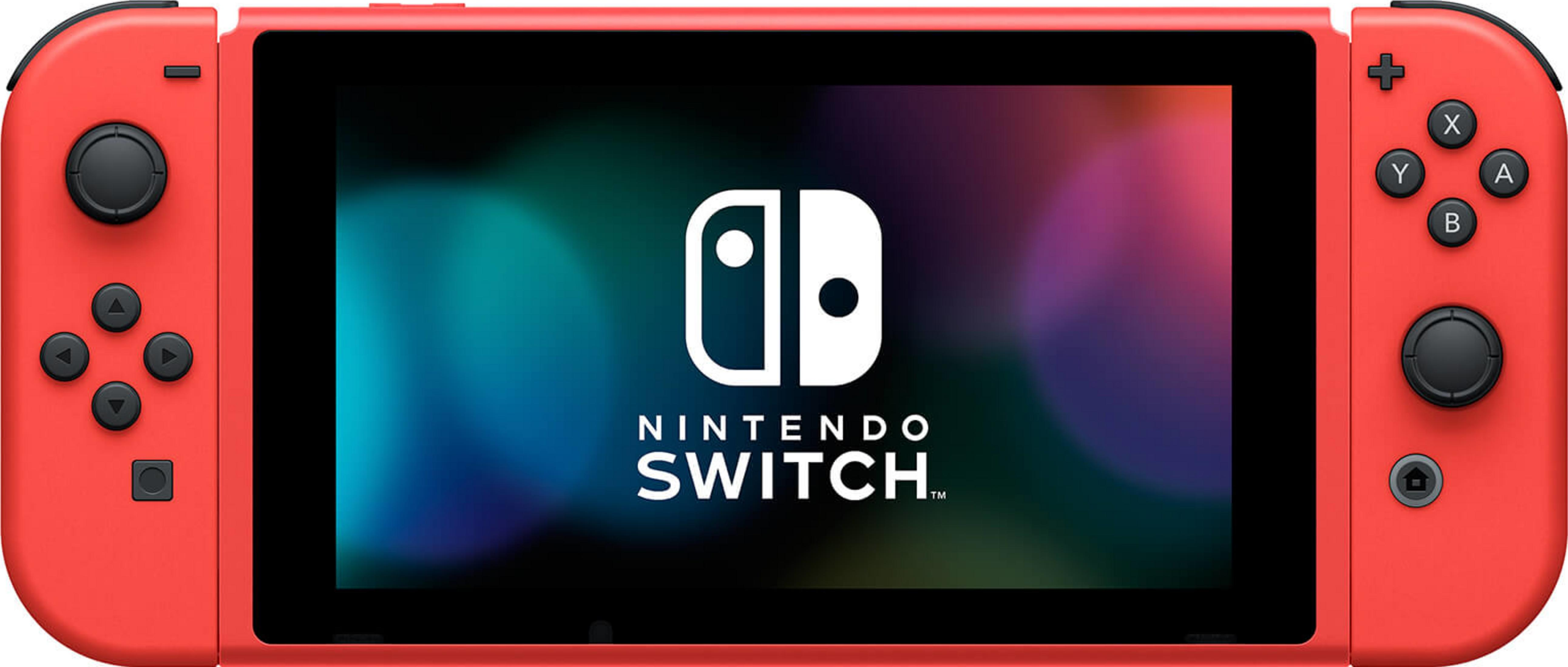 Rote Nintendo Switch Konsole mit leuchtendem Bildschirm und dem Nintendo Logo.