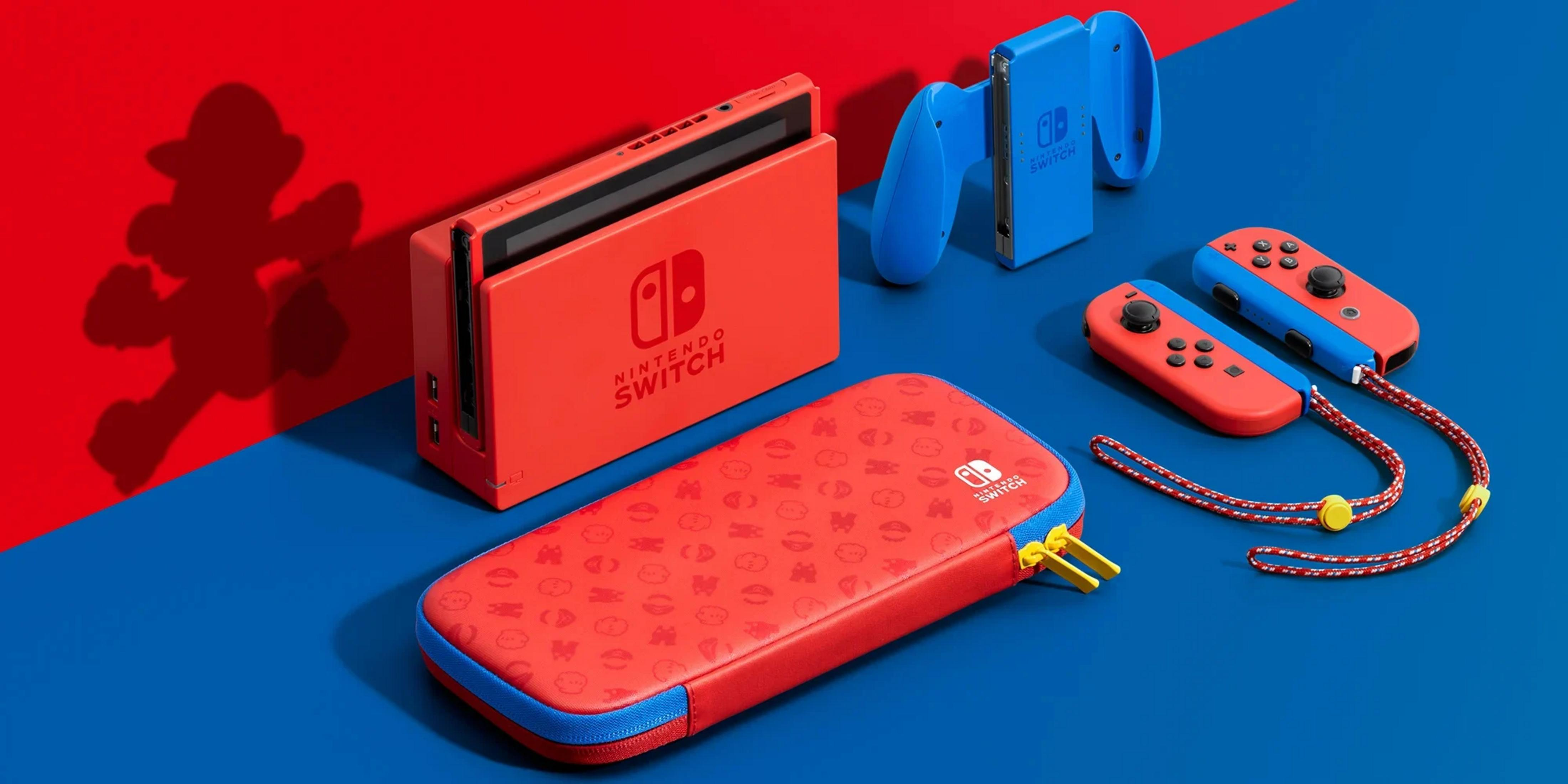 Rote Nintendo Switch Konsole mit blauen und roten Joy-Cons und Zubehör auf blauem Grund.