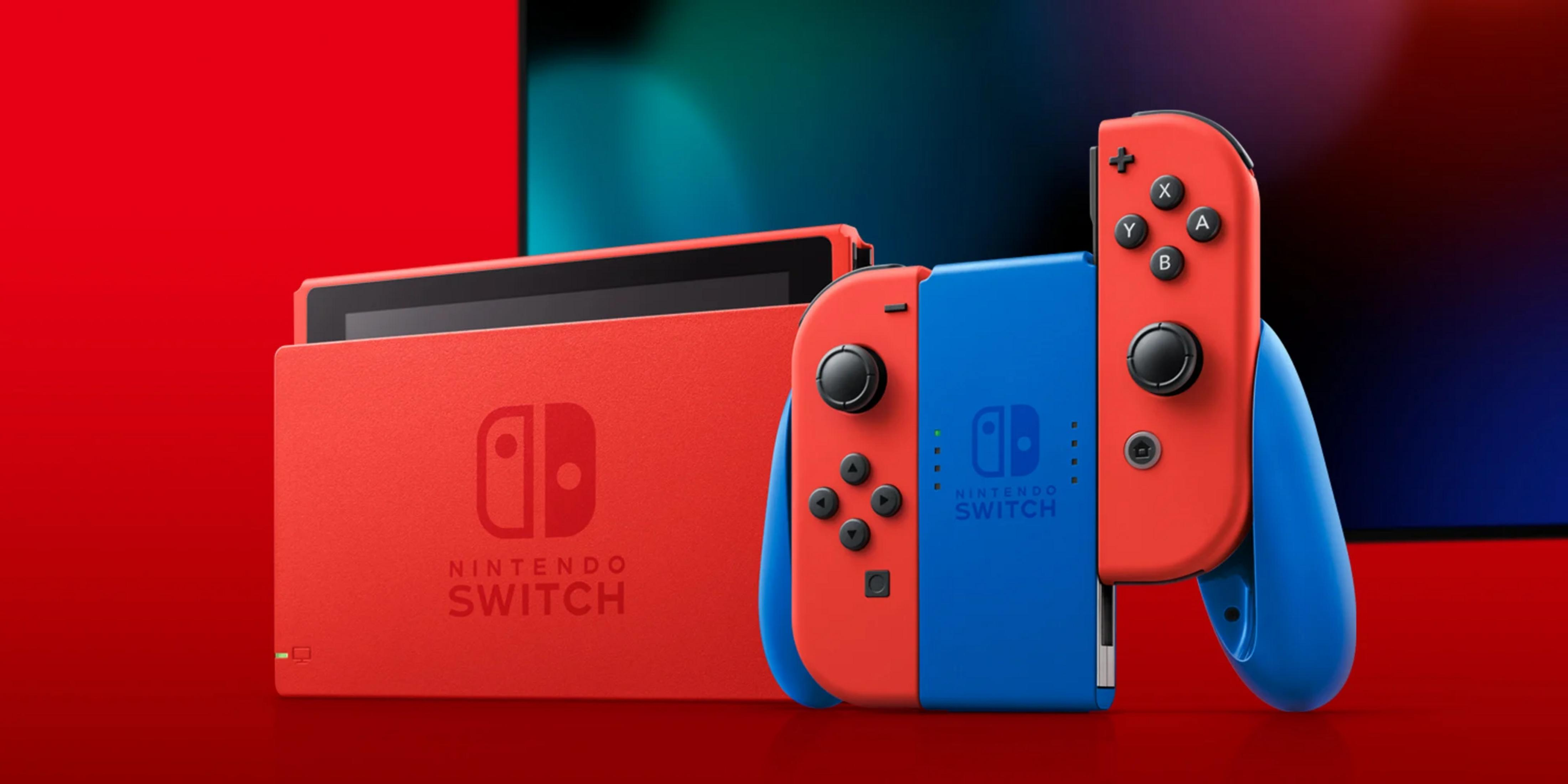 Rote und blaue Nintendo Switch Konsole mit Joy-Cons.