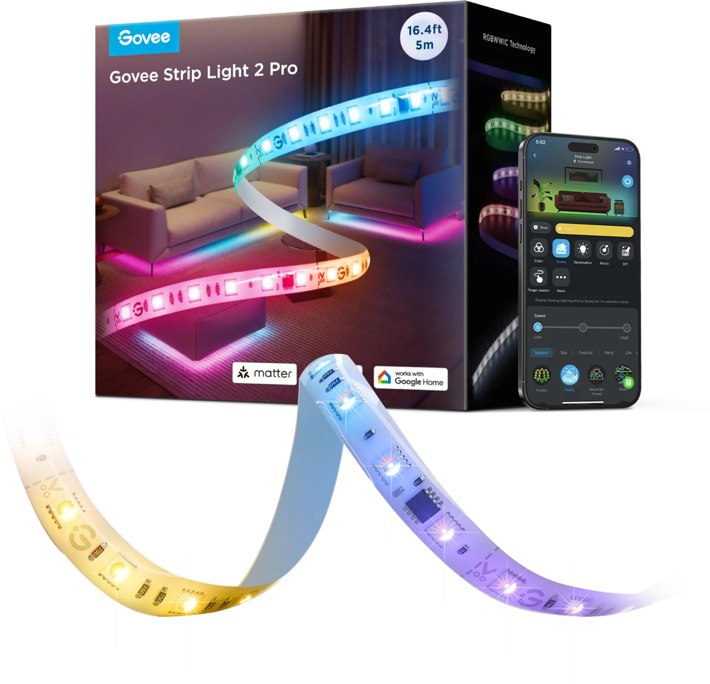 Taśma LED Govee Strip Light 2 Pro z aplikacją na smartfon i salonem.