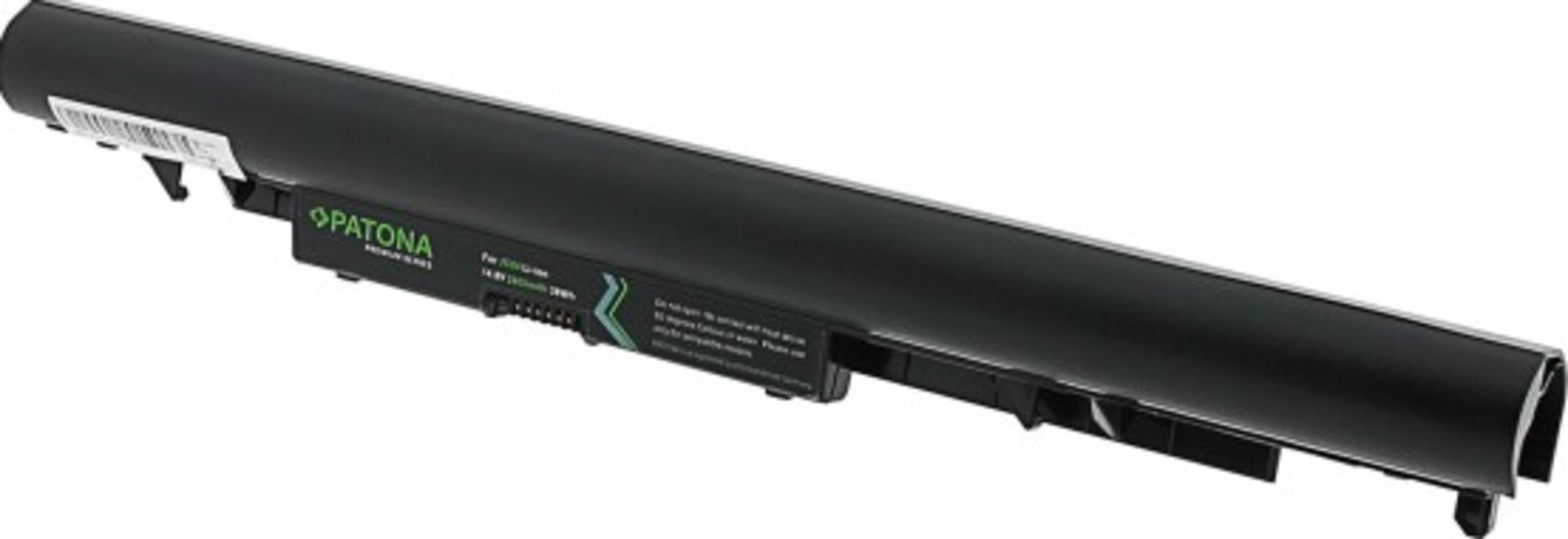 Schwarzer Laptop-Akku mit grüner "PATONA"-Aufschrift und technischen Details.