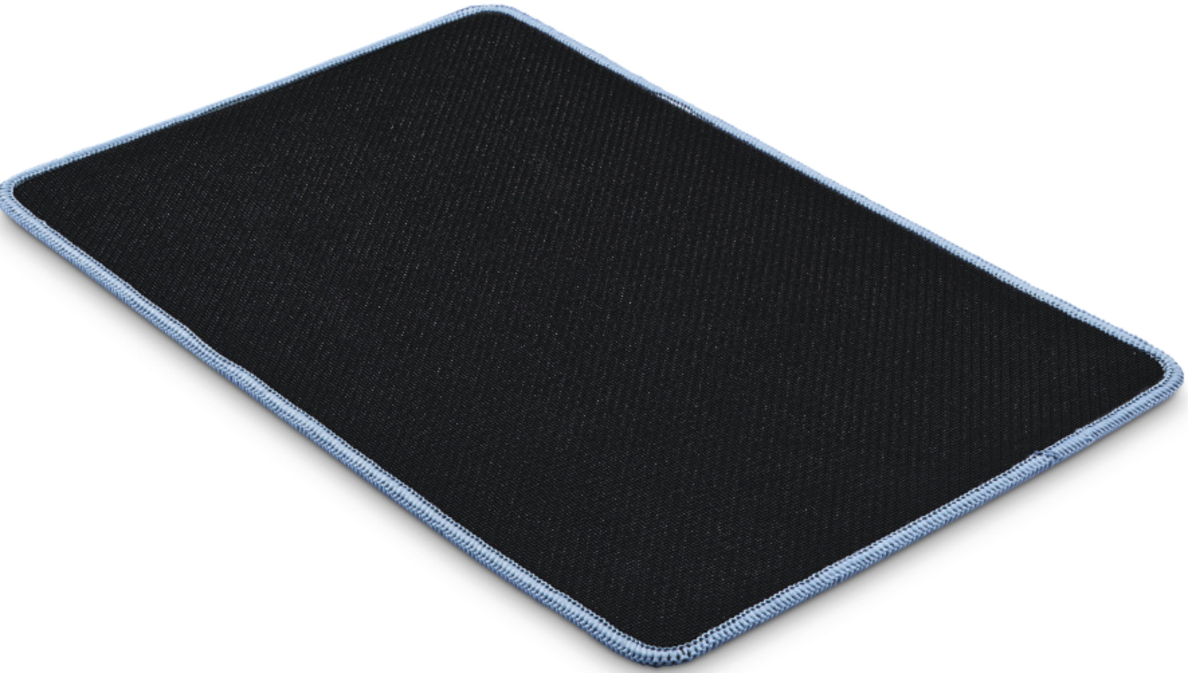 Schwarzes Mauspad mit hellblauen Kanten, diagonal von oben links nach unten rechts.
