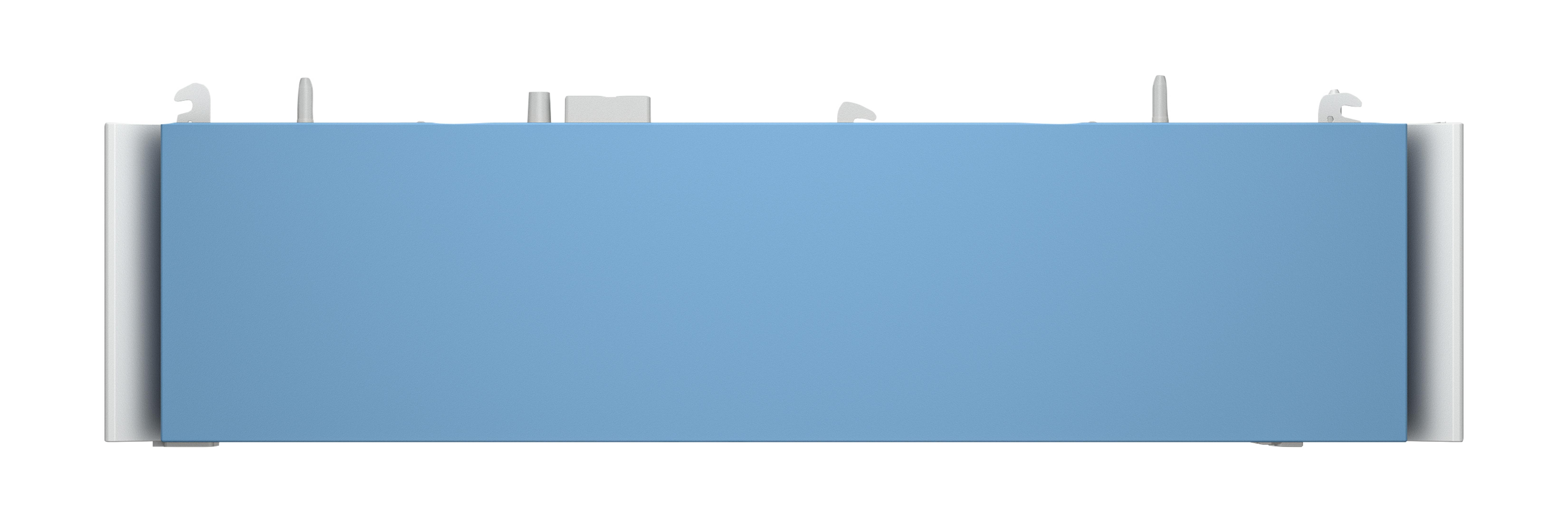 Jasnoniebieski prostokąt z białymi klipsami na górze.