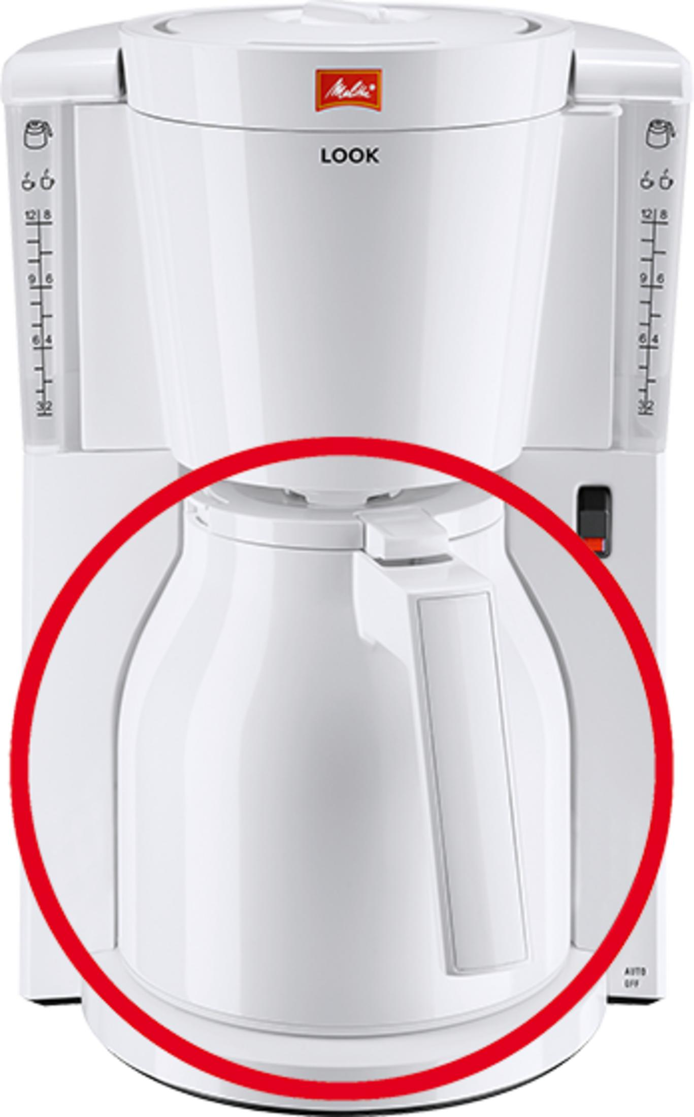Weiße Melitta Kaffeemaschine mit Krug und Markierungen für Tassenanzahl.