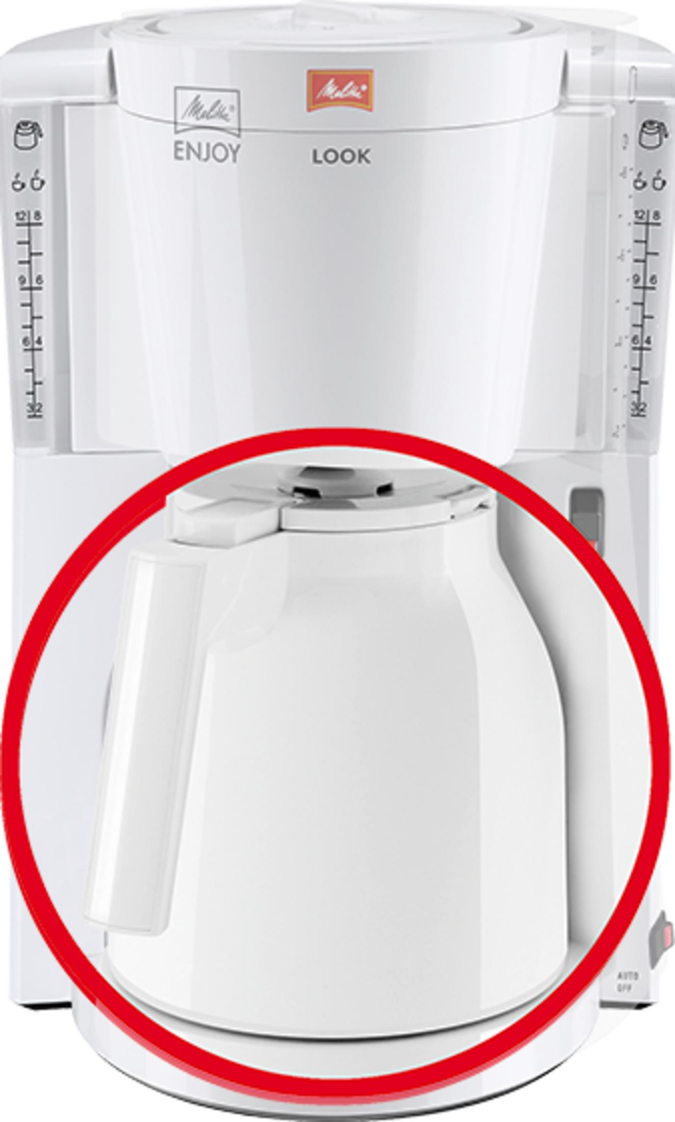 Weiße Kaffeemaschine mit Thermoskanne und Skala an der Seite.