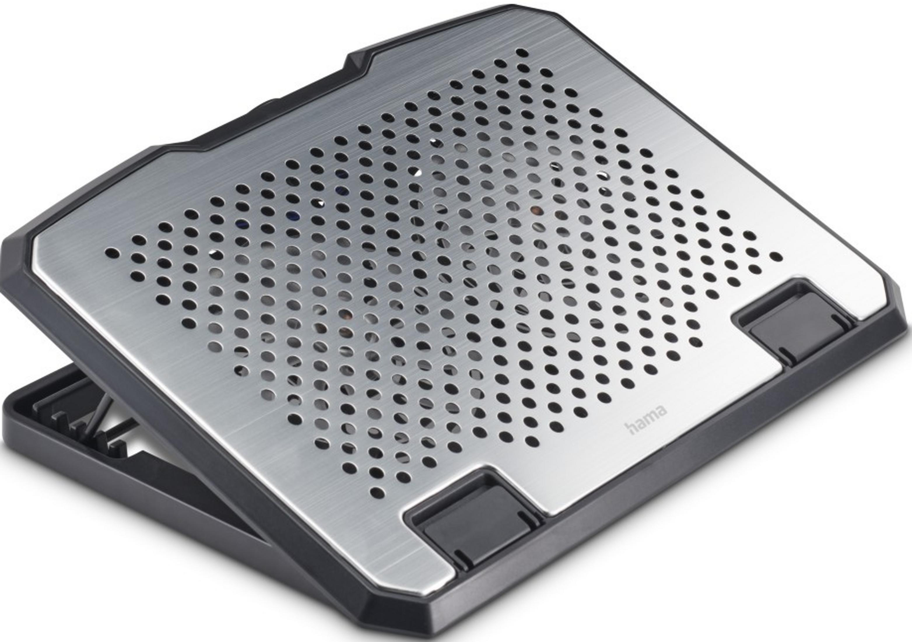 Szara metalowa podstawka pod laptop z otworami wentylacyjnymi i czarnymi uchwytami.