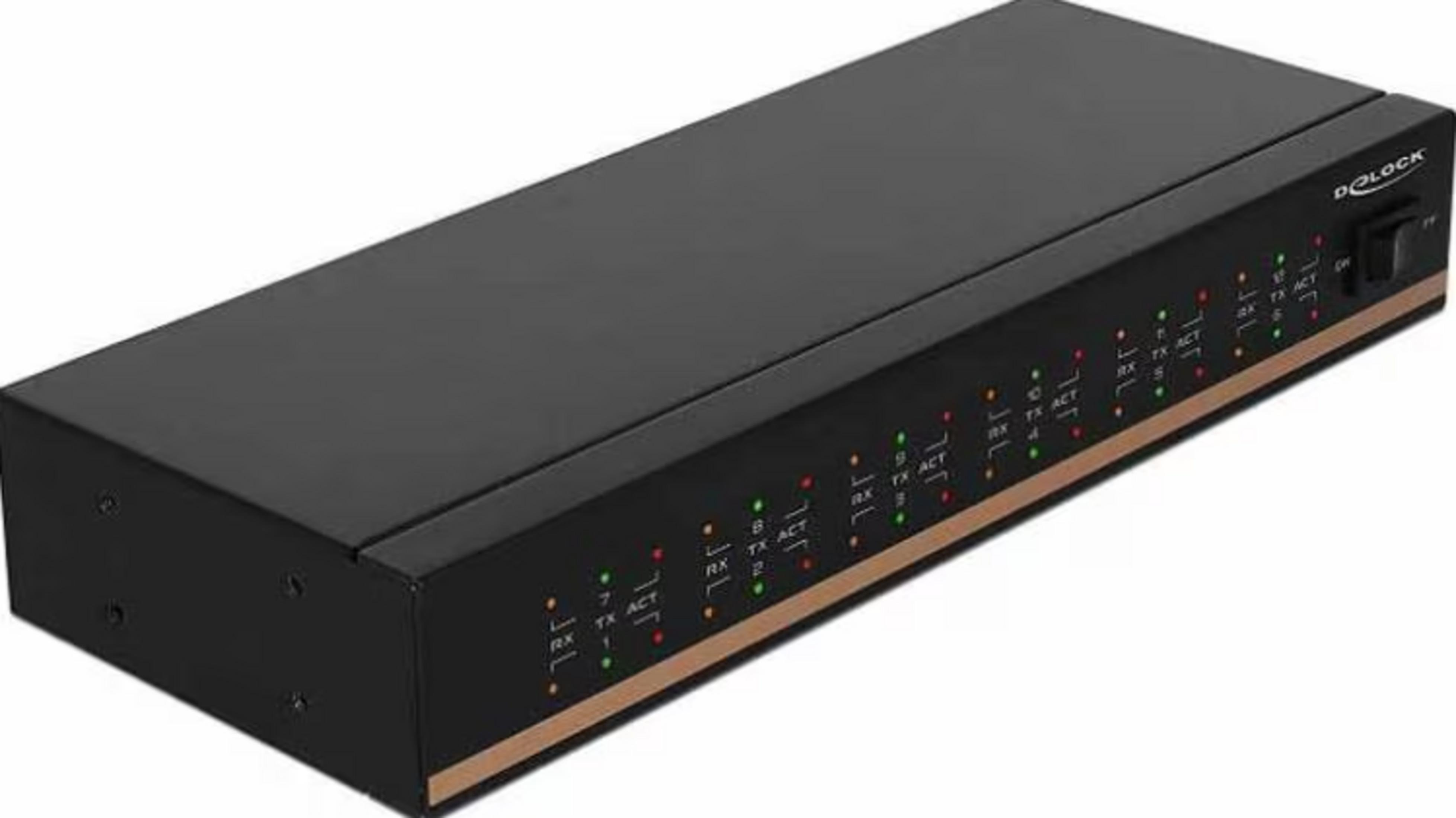Schwarzes Netzwerkgerät mit 16 LEDs für RX/TX-Aktivität. Goldener Streifen.
