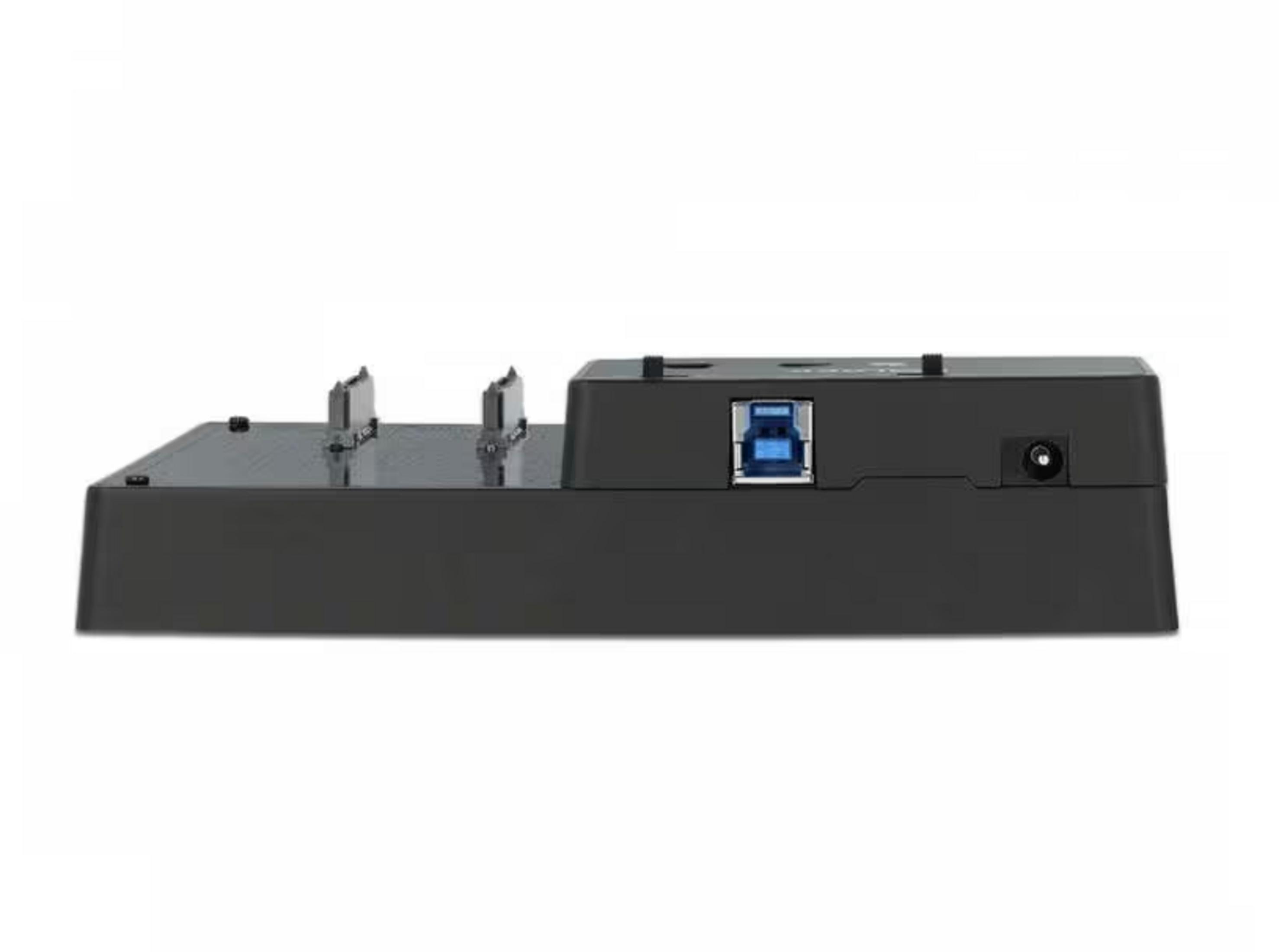 Schwarzer Dockingstation mit USB-Anschluss und Stromanschluss.