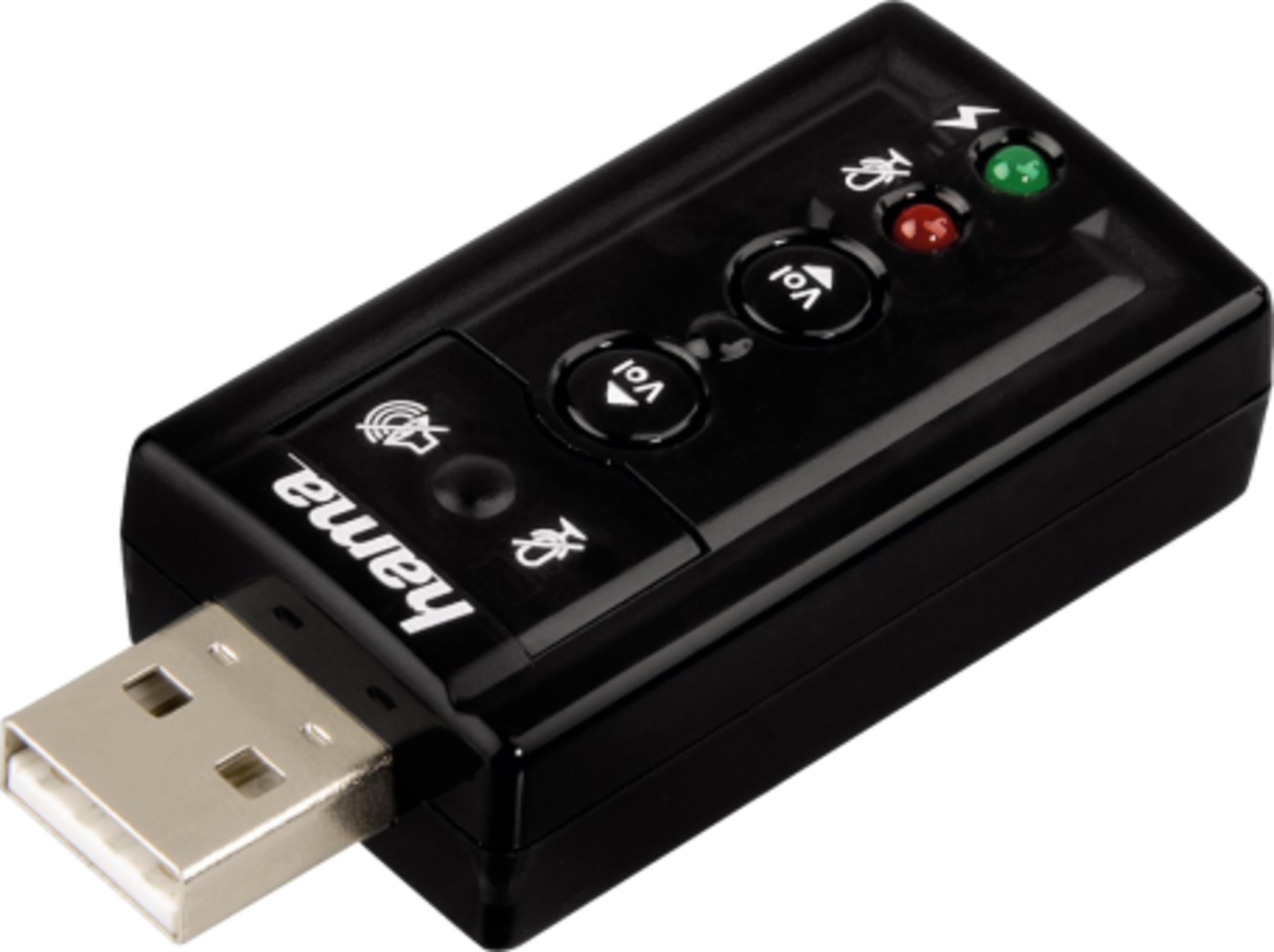 Ein schwarzes USB-Audio-Adapter mit Lautstärketasten und LEDs.