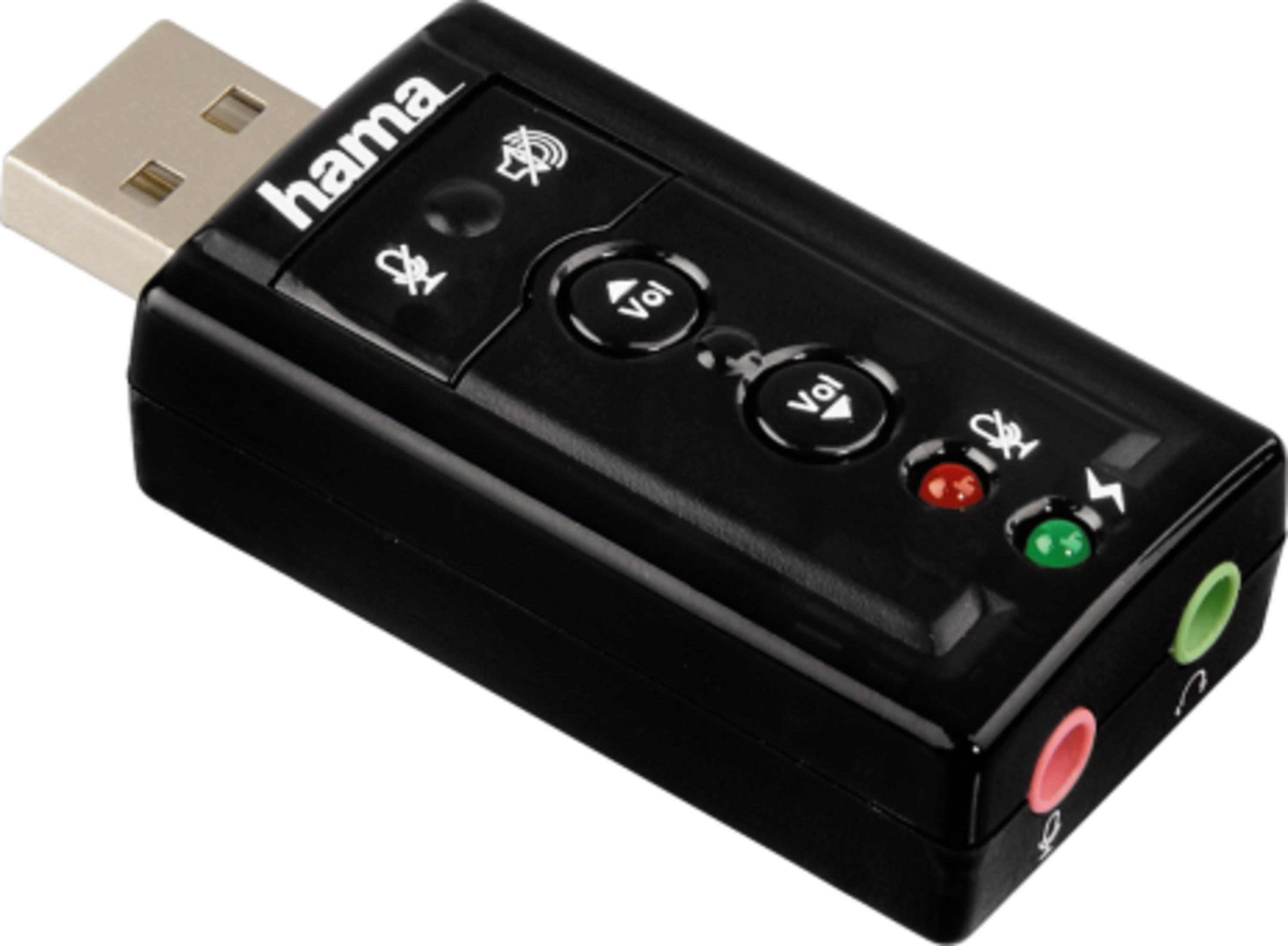 Schwarzer USB-Soundadapter von Hama mit Lautstärketasten, Mikrofon- und Kopfhöreranschlüssen.