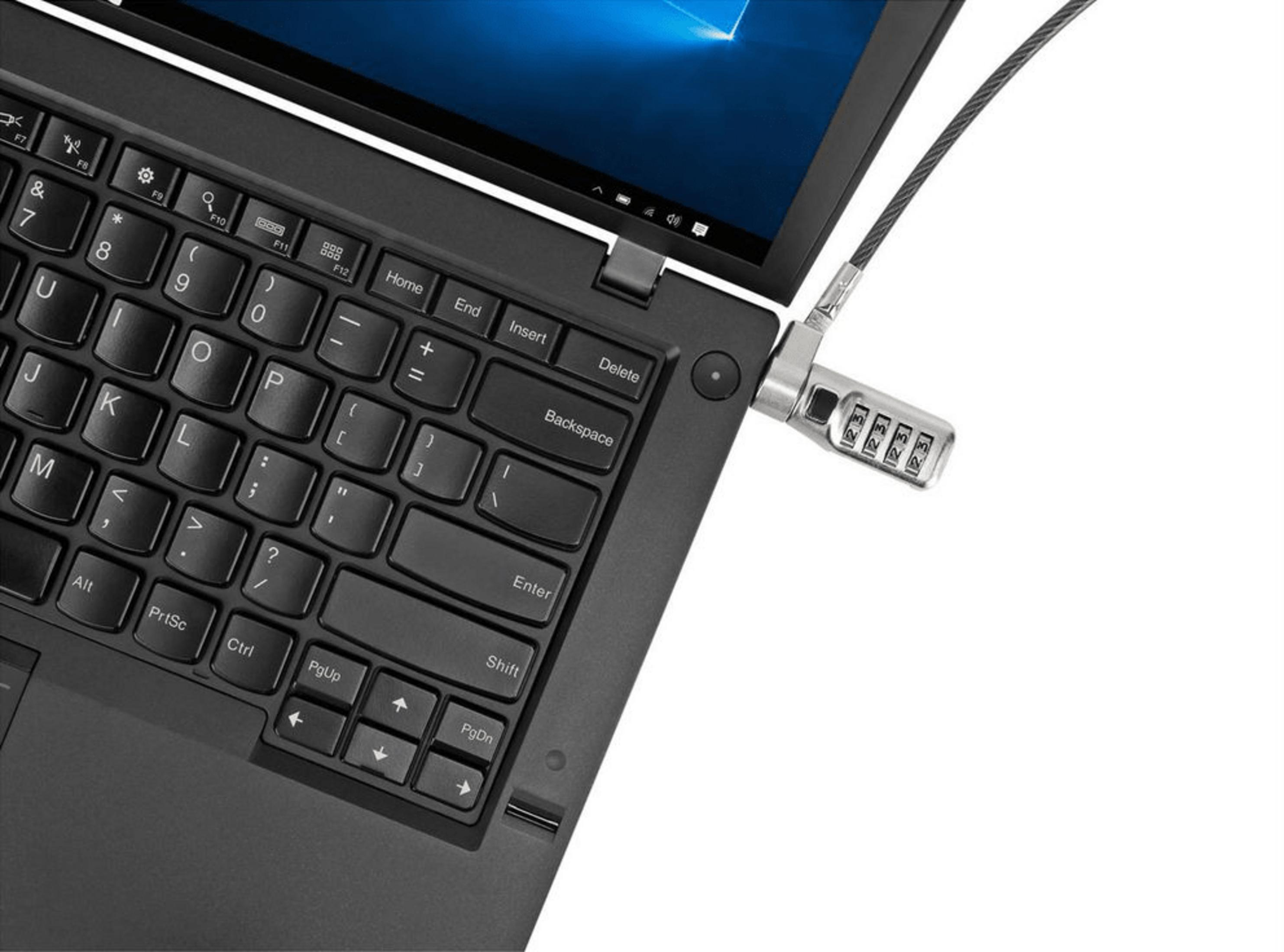 Laptop mit einem Zahlenschloss-Sicherheitskabel verbunden.