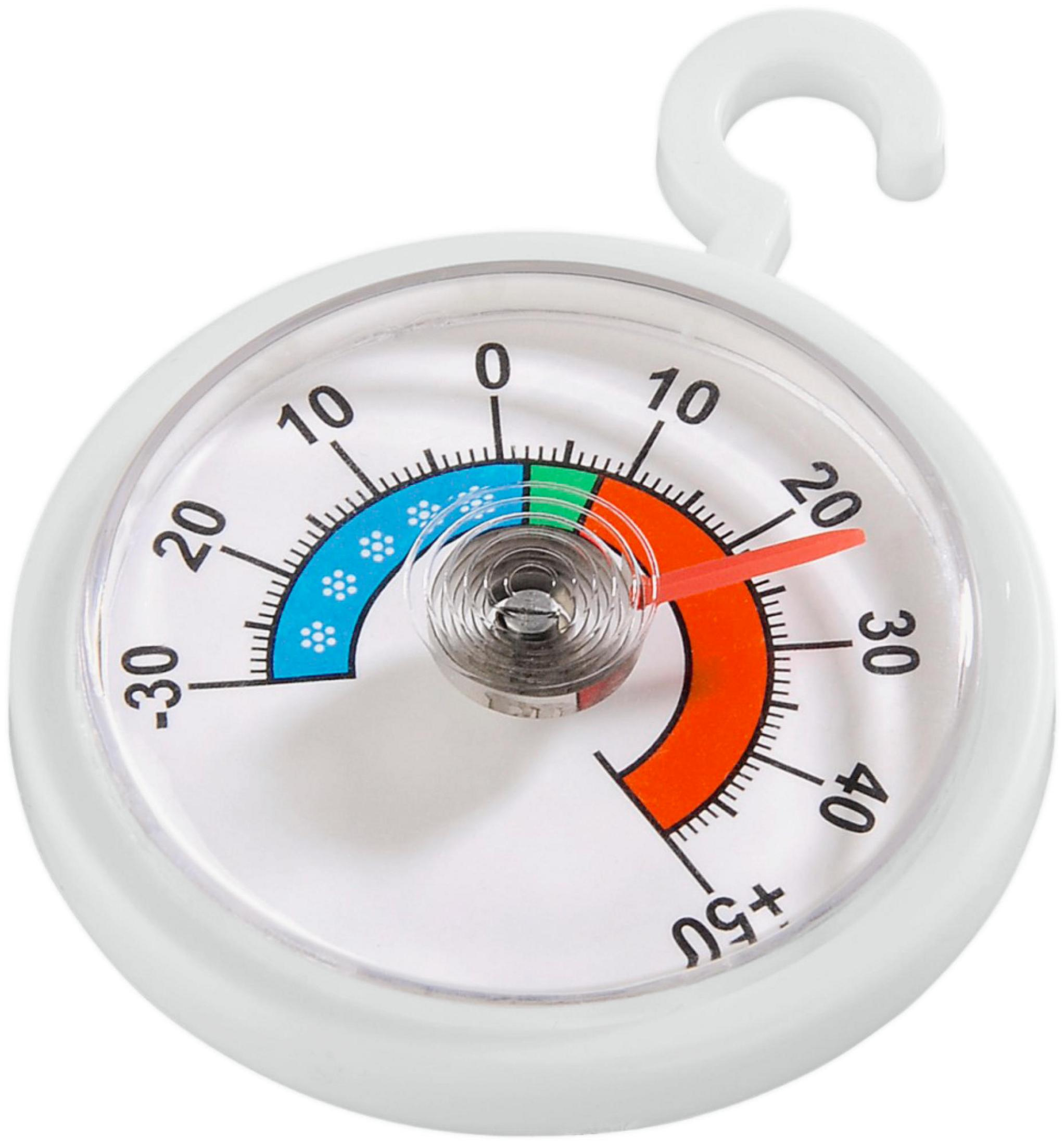 Ein rundes Thermometer mit Haken zeigt 23 Grad Celsius an.