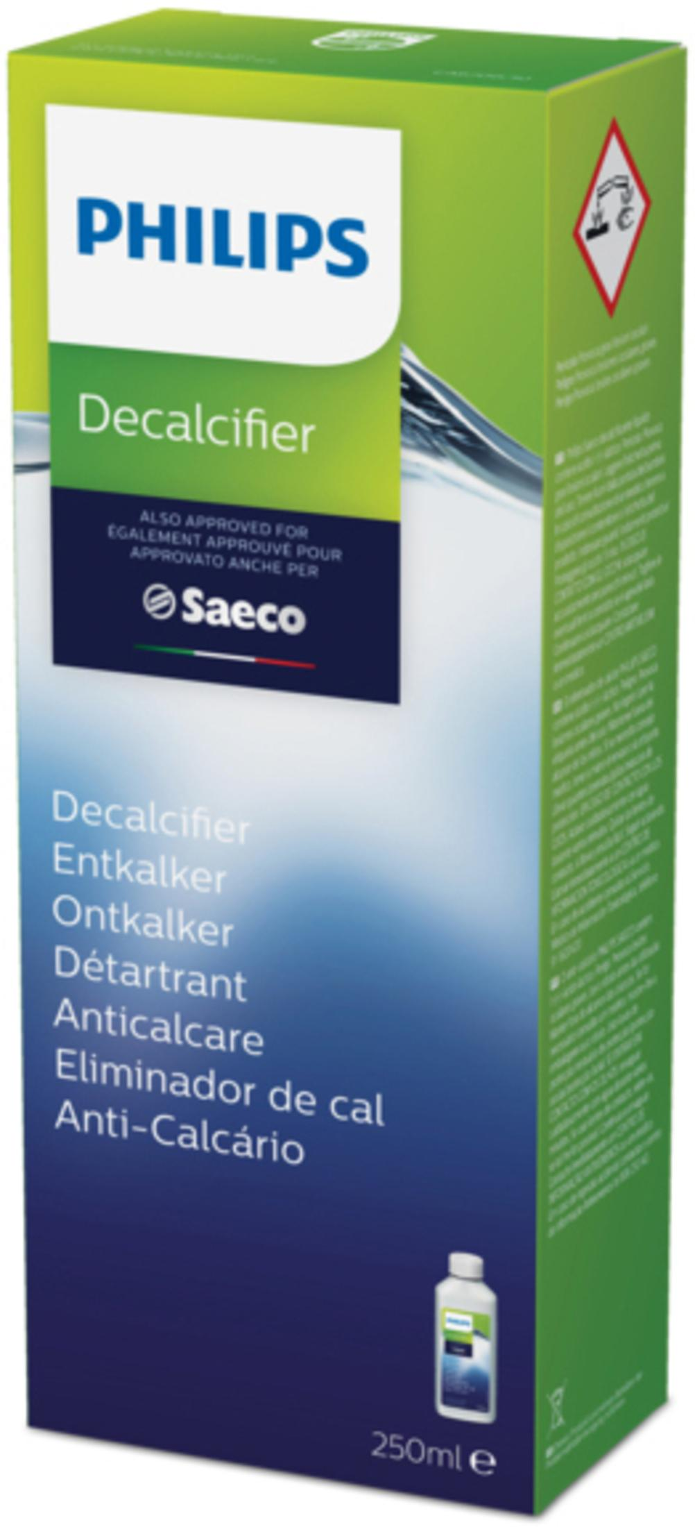 Philips Decalcifier Flasche mit 250ml Inhalt, grüne Verpackung mit Text.