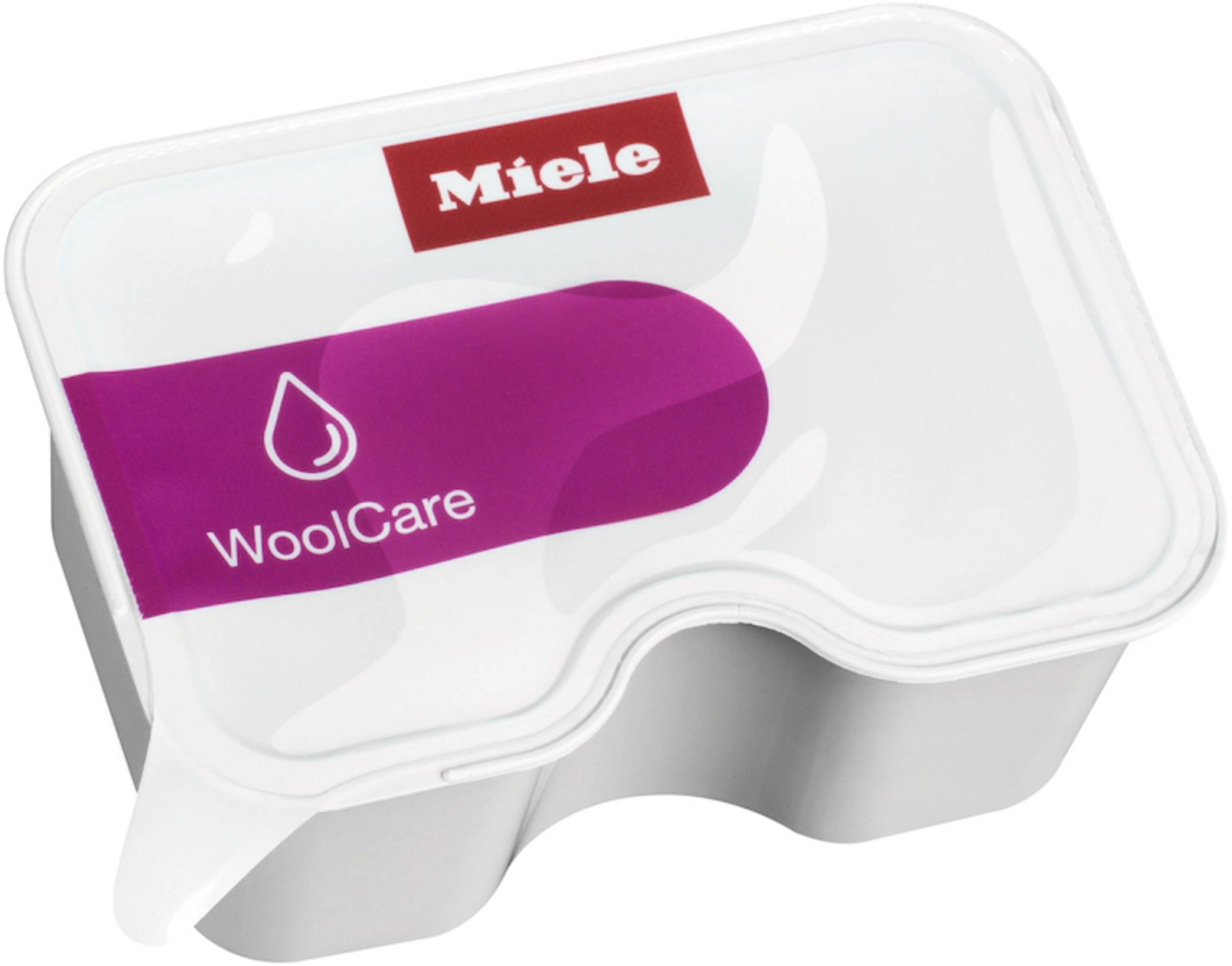 Weiße Miele WoolCare-Box mit lila Band und Tropfensymbol.